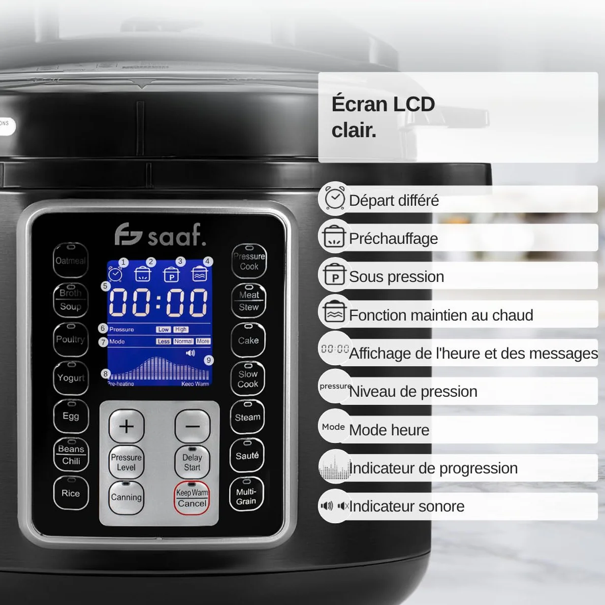 Saaf Multicuiseur – Set 11 Pièces – 12 Programmes – Slowcooker, Cuiseur à Riz, Vapeur & Cocotte-Minute – 6L – Avec Couvercle, Cuve, Cuillère, Verre Doseur & Livre de Recettes – Écran Digital