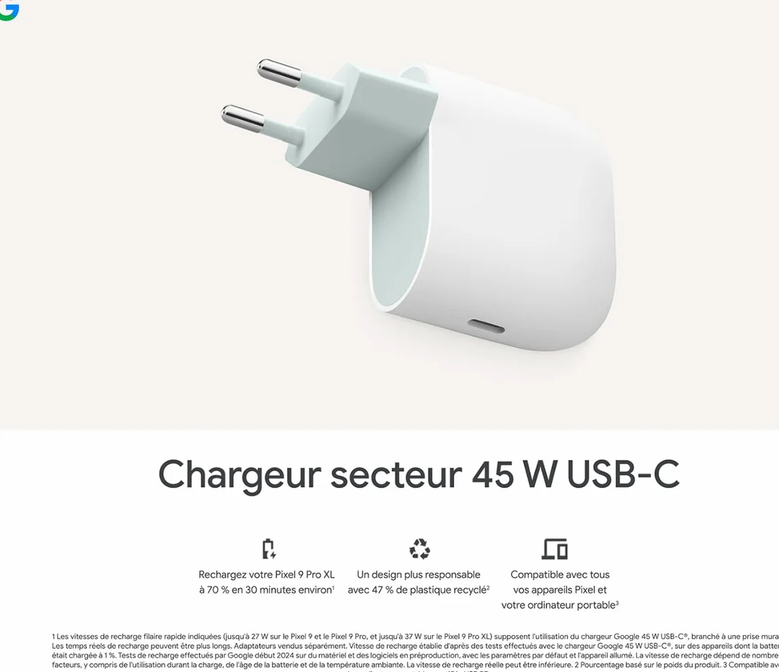 Google Ładowarka USB C 45 W – szybka ładowarka do smartfonów Pixel – kompatybilna z produktami Google i innymi urządzeniami USB-C – Snow