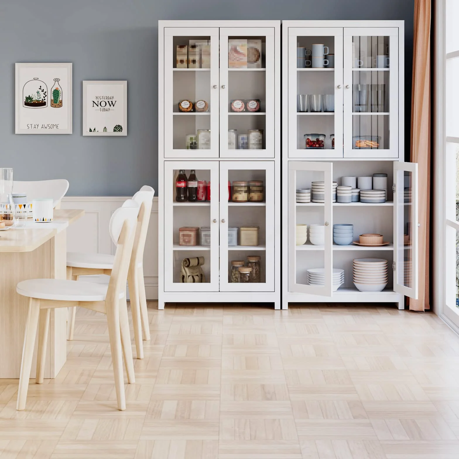 FOREHILL Vitrine en Verre 190cm Armoire Cuisine Haute avec 4 Portes Vitrées Meuble Vitrine Salon Bibliothèque avec 6 étagères de Rangement en Bois Blanc