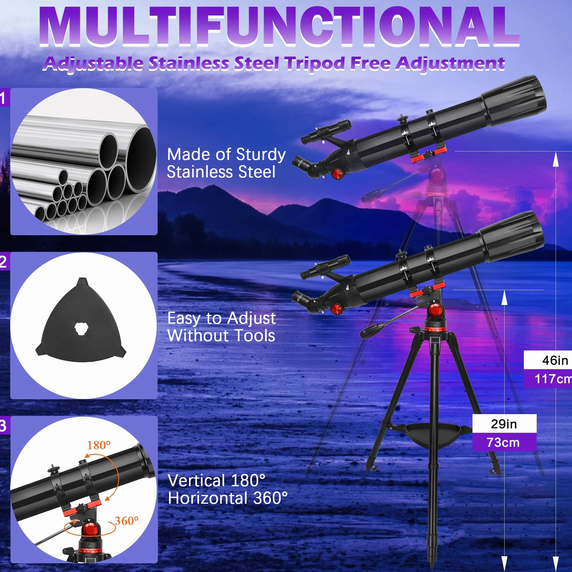 HETEKAN Teleskop, profesjonalny teleskop astronomiczny, 90/900 mm (36X-450X) refraktor dla dorosłych dzieci i początkujących, do obserwacji planetarnych, z adapterem do telefonu komórkowego