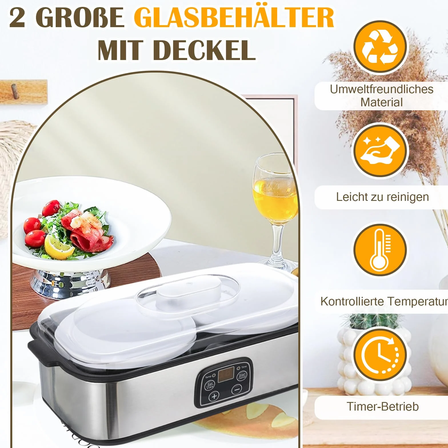 Yaourtière 2 litres Machine à yaourt numérique automatique avec 2 verres, yaourtière avec minuterie et contrôle de la température, yaourtière pour yaourt grec, fromage, natto, vin de riz, argent, 2 l