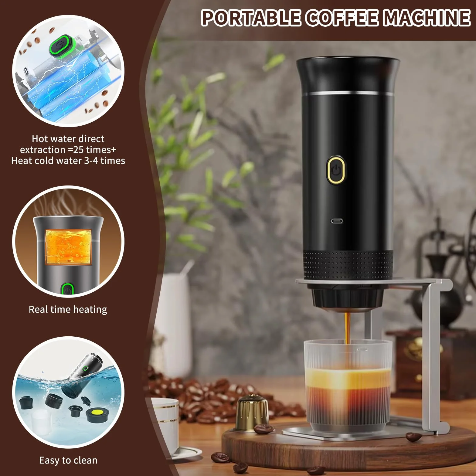 PZCC Machine à Café Portable de Voyage, Chauffage Rapide 3 En 1 Cafetiere Portable 12V, Chauffage Rapide, Compatible avec Grandes et Petites Capsules et Café Moulu, Pour Voyage (Noir)