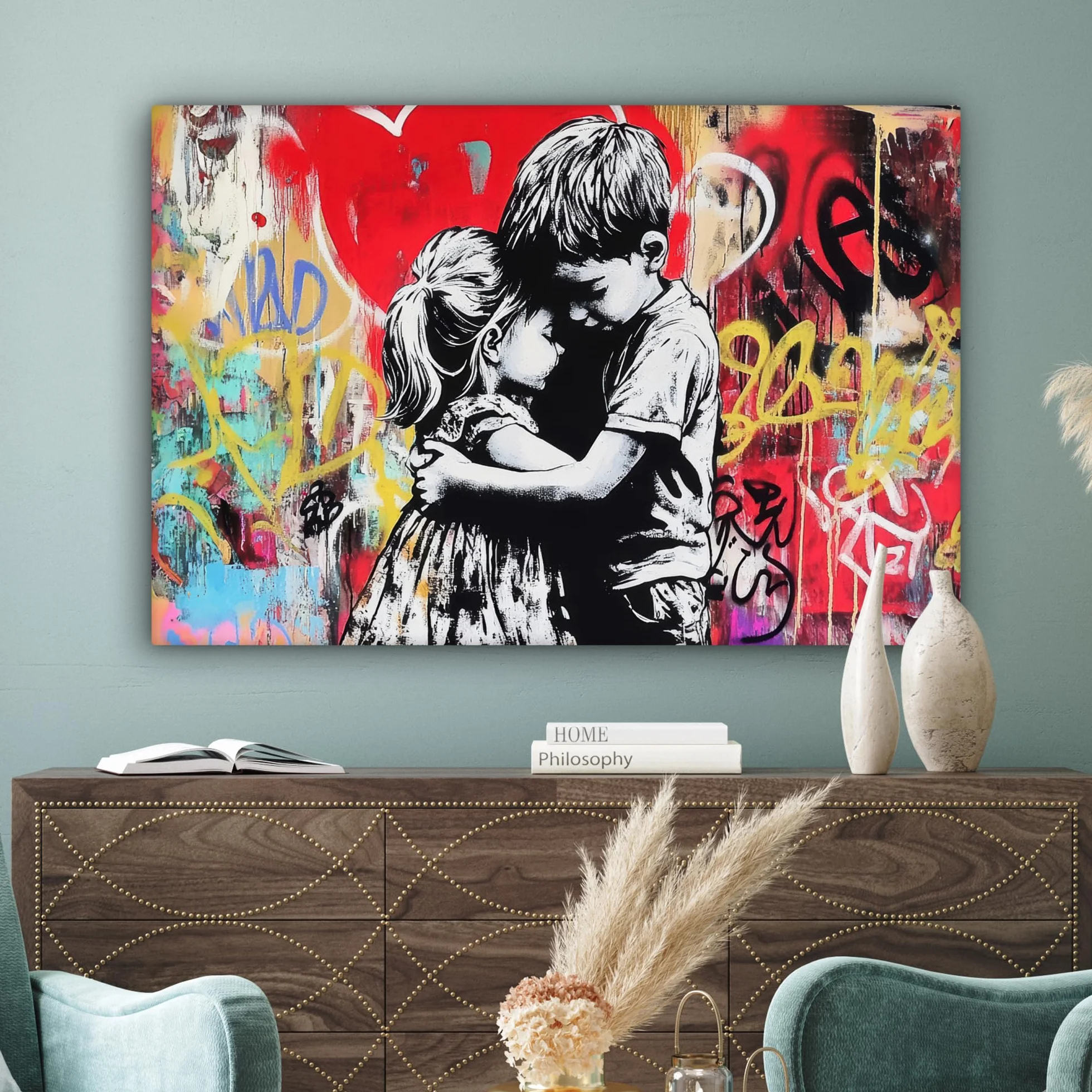 MuchoWow© Impression sur Toile Decoration Murale Peinture 120x80 cm Tableaux Decoratifs Muraux Déco Chambre Tableau Salon Graffiti - Noir et blanc - Street art