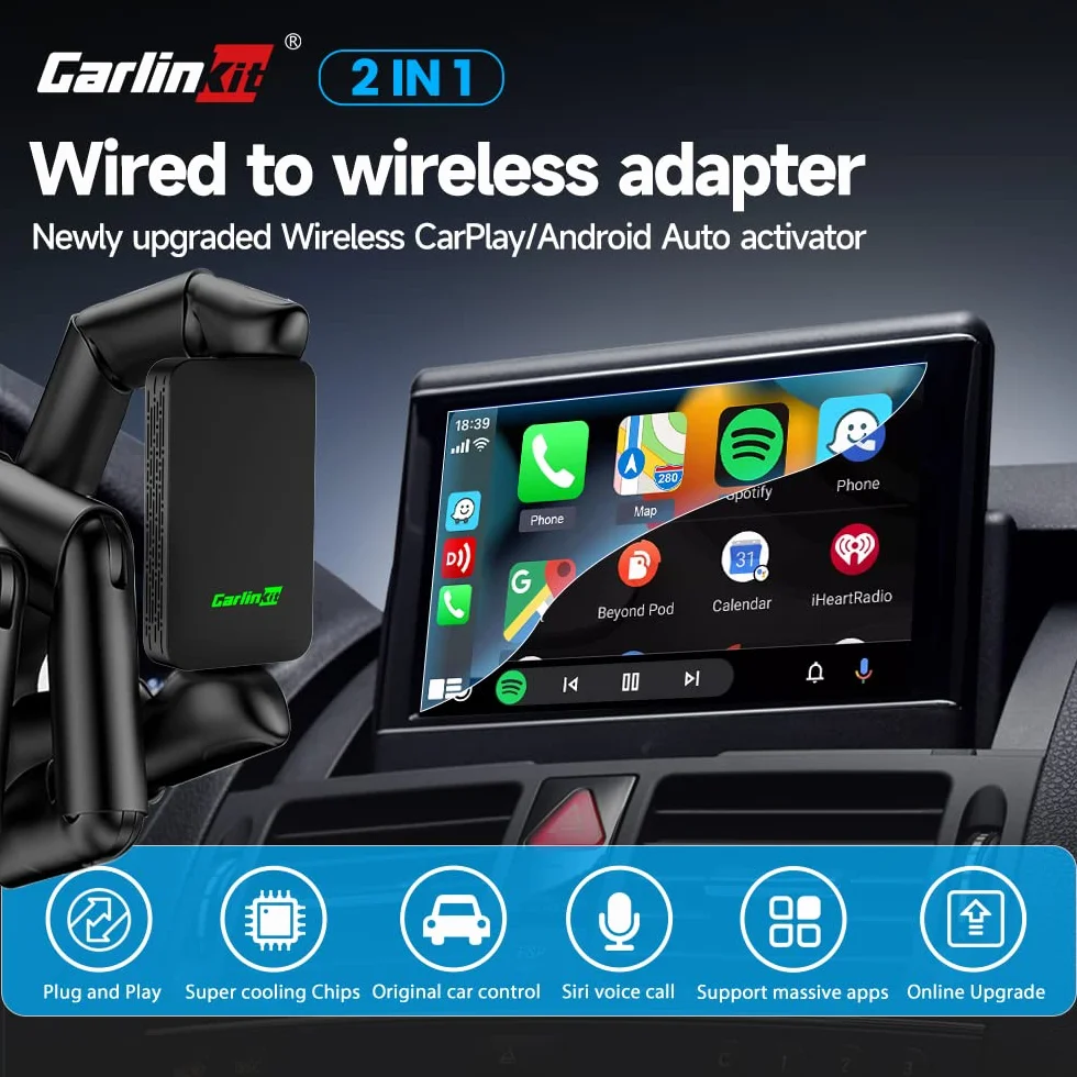 Carlinkit Bezprzewodowy adapter CarPlay 5.0 i Android Auto 2 w 1, do samochodów przewodowych Apple CarPlay lub przewodowych funkcji Android Auto, (rok modelu: 2017 do 2024). Obsługa asystenta