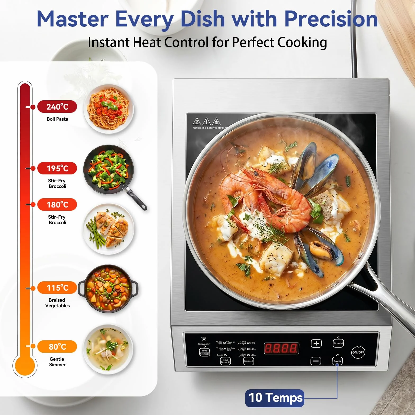 Plaque à Induction 3500W Portable, Plaque Induction Simple avec Commande Tactile, 10 Niveaux de Puissance et Température, Minuterie 4 Heures, Usage Professionnel