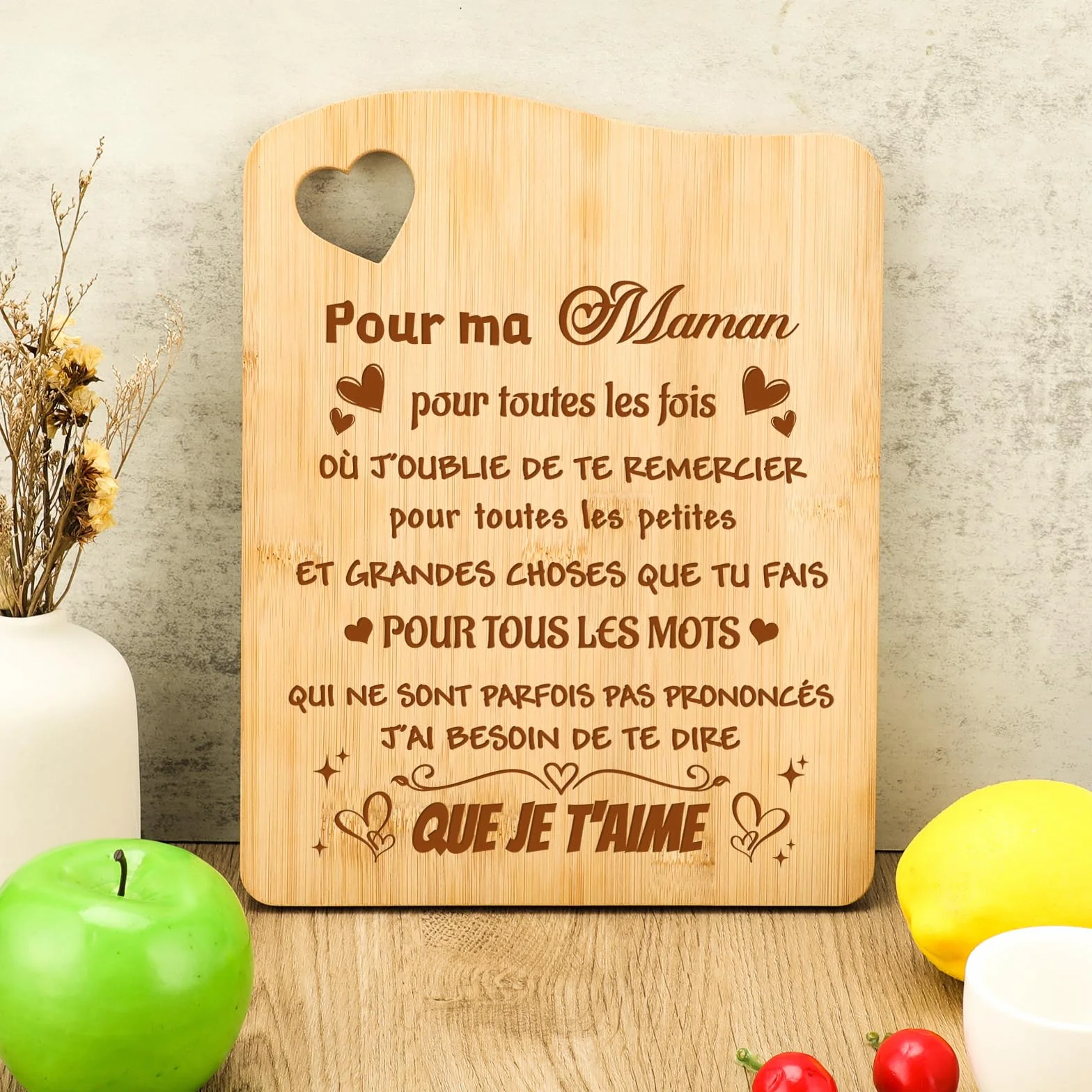 Planche à Découper en Bambou Sculptée Cadeau Fête des Mères Maman