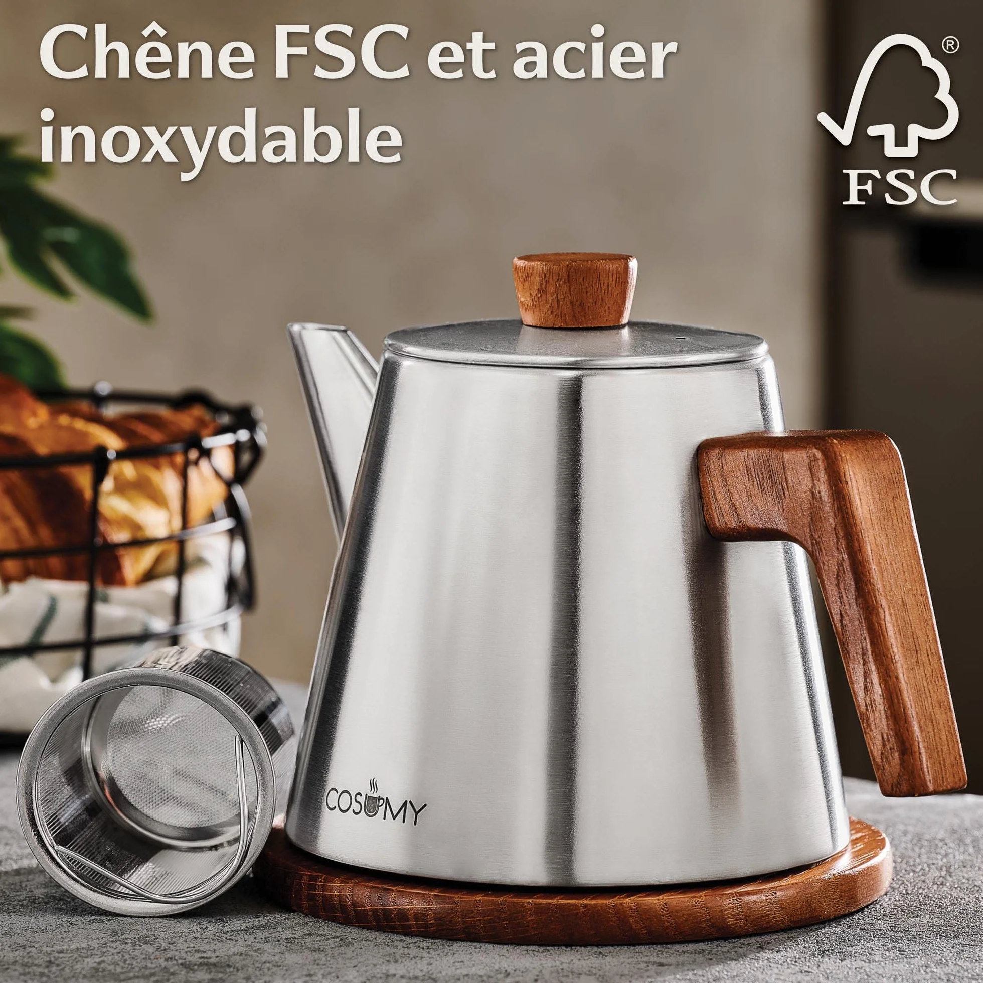 Cosumy Théière avec Filtre et Sous-Verres 1,2 litre - Bouilloire Pour induction et autres plaques de cuisson - Acier Inoxydable et Bois FSC