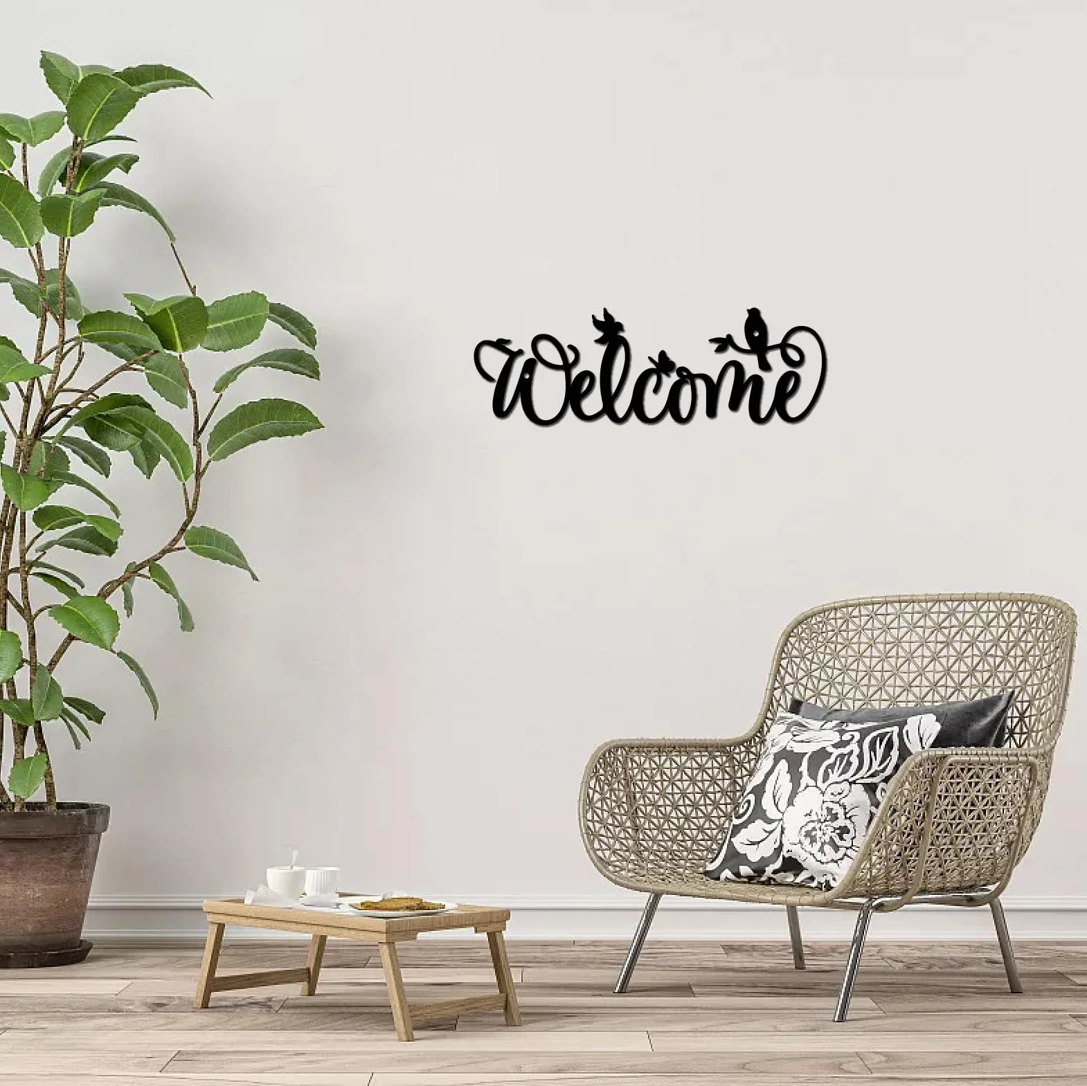 Décoration Murale en Métal CREATCABIN avec Mots Noirs, Silhouette d'oiseaux sur des Branches, 30x10cm