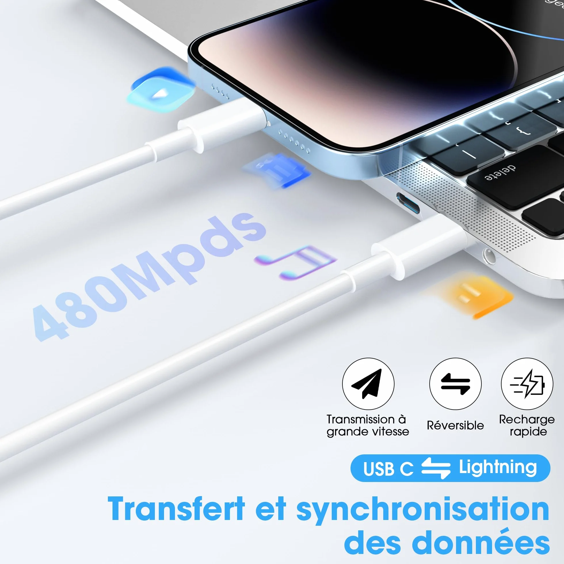 Câble iPhone USB C vers Lightning 1M+2M MFi Certifié Chargeur Rapide pour Apple iPhone 14 13 12 11 Pro Max Pro Plus XS XR X 8 7 SE iPad Blanc