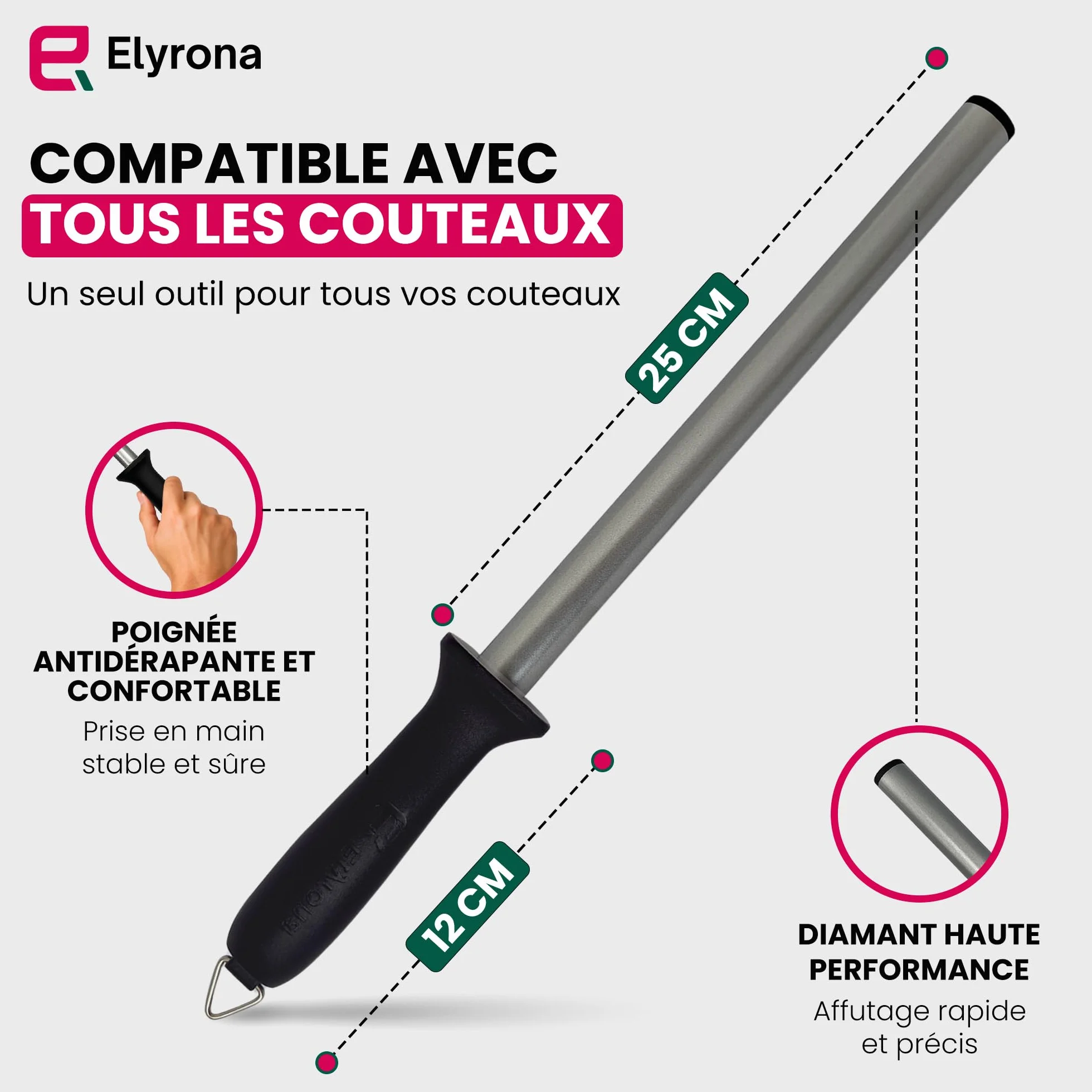 Fusil à aiguiser diamant professionnel 25 cm - aiguiseur couteaux pro - compatible tous couteaux de cuisine
