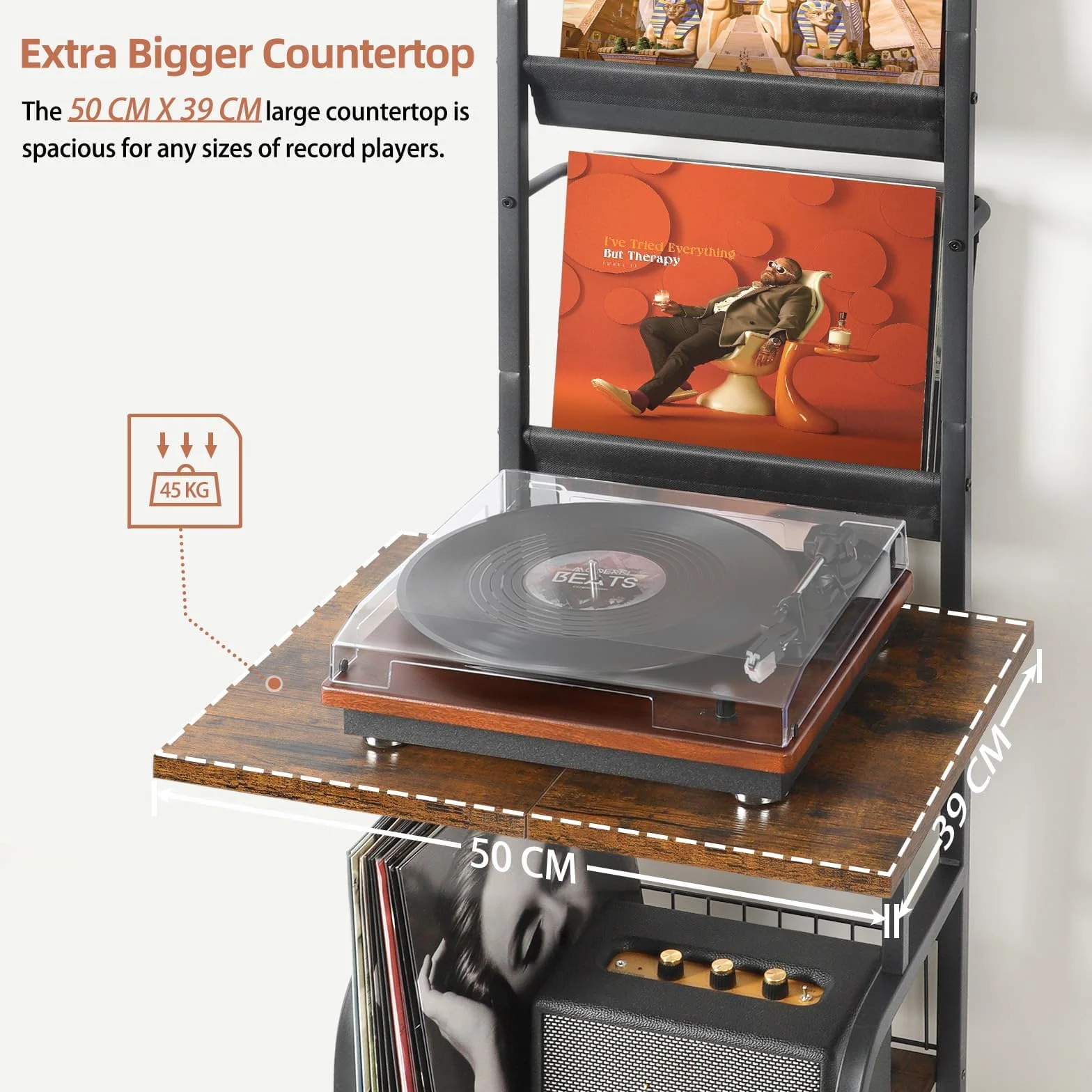 Rangement Vinyle, Support Vinyle, Meuble Vinyl à 3 Niveaux, Meuble Platine Vinyl Stockage jusqu'à 200 Albums Cds, Support Vinyls Mural, Tourne Disque pour Salon
