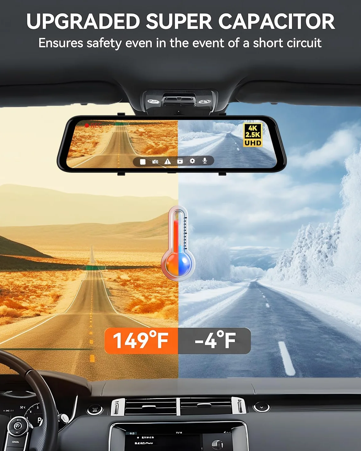 WOLFBOX Dashcam 4K + 2,5K für Rückspiegel: Front- und Rückspiegel Dashcam für Auto mit 12 Zoll Bildschirm, WDR Kamera, Nachtsicht, 64GB Karte und gratis GPS