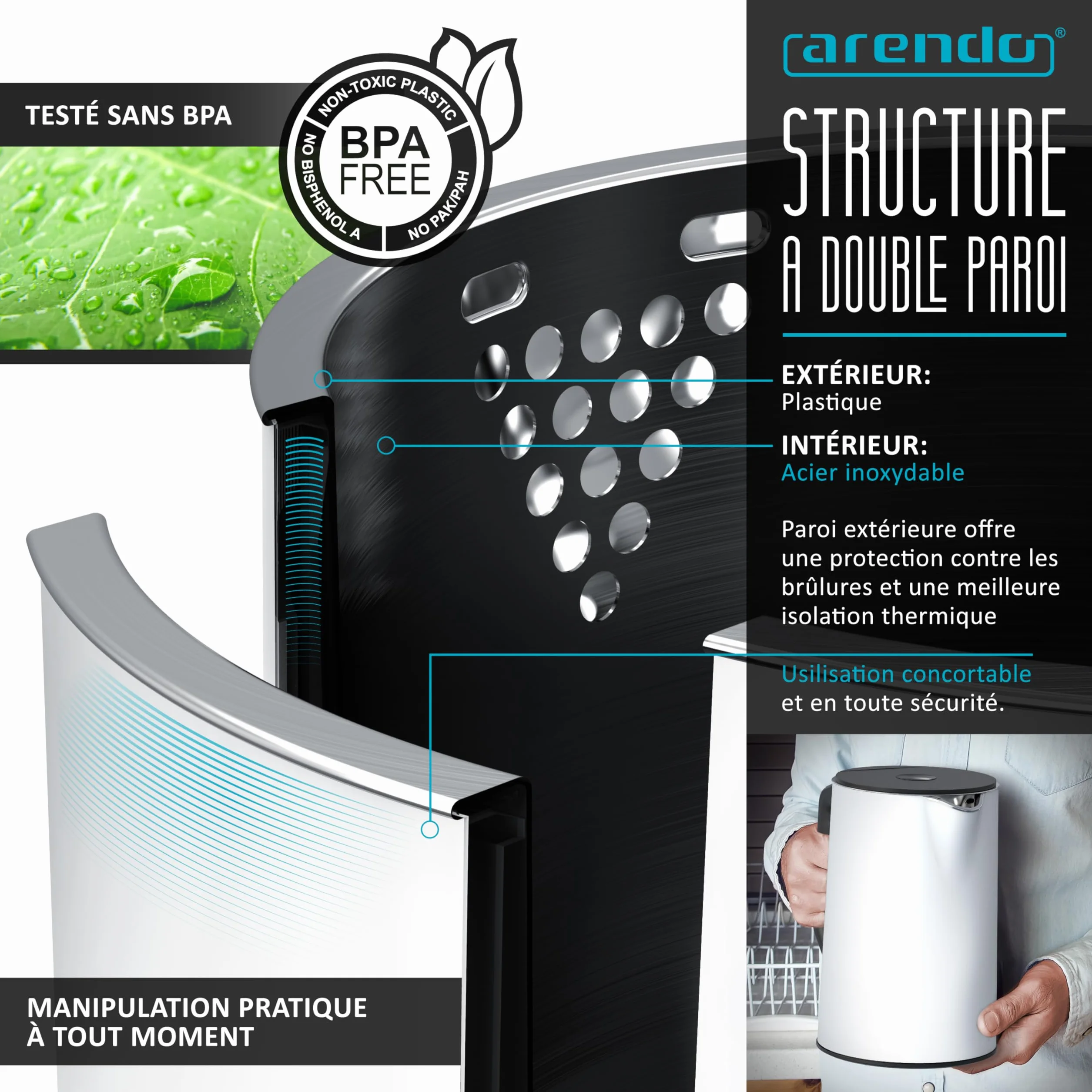 Arendo Ensembles Bouilloire et grille-pain et cuiseur à oeufs Bouilloire en inox 1,5L 40°-100°C, Toaster 2 Tranches Ecran LED 6 niveaux de brunissage Cuiseur à oeufs 1-6 oeufs, Verre doseur, Blanc