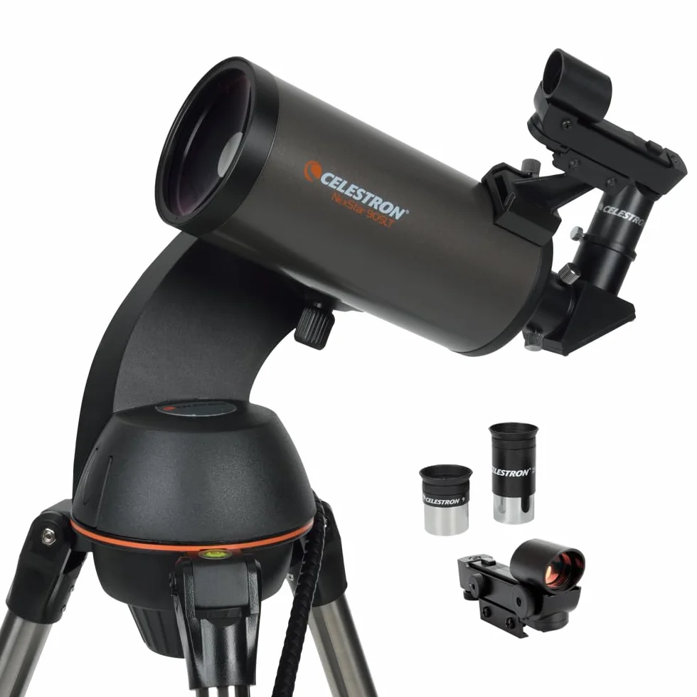 Celestron 22087 NexStar 90SLT - Przenosny skomputeryzowany teleskop Maksutowa-Cassegraina, uchwyt widelkowy z szybkozlaczka, taca na akcesoria i oprogramowanie „Starry Night” Special Edition, szary