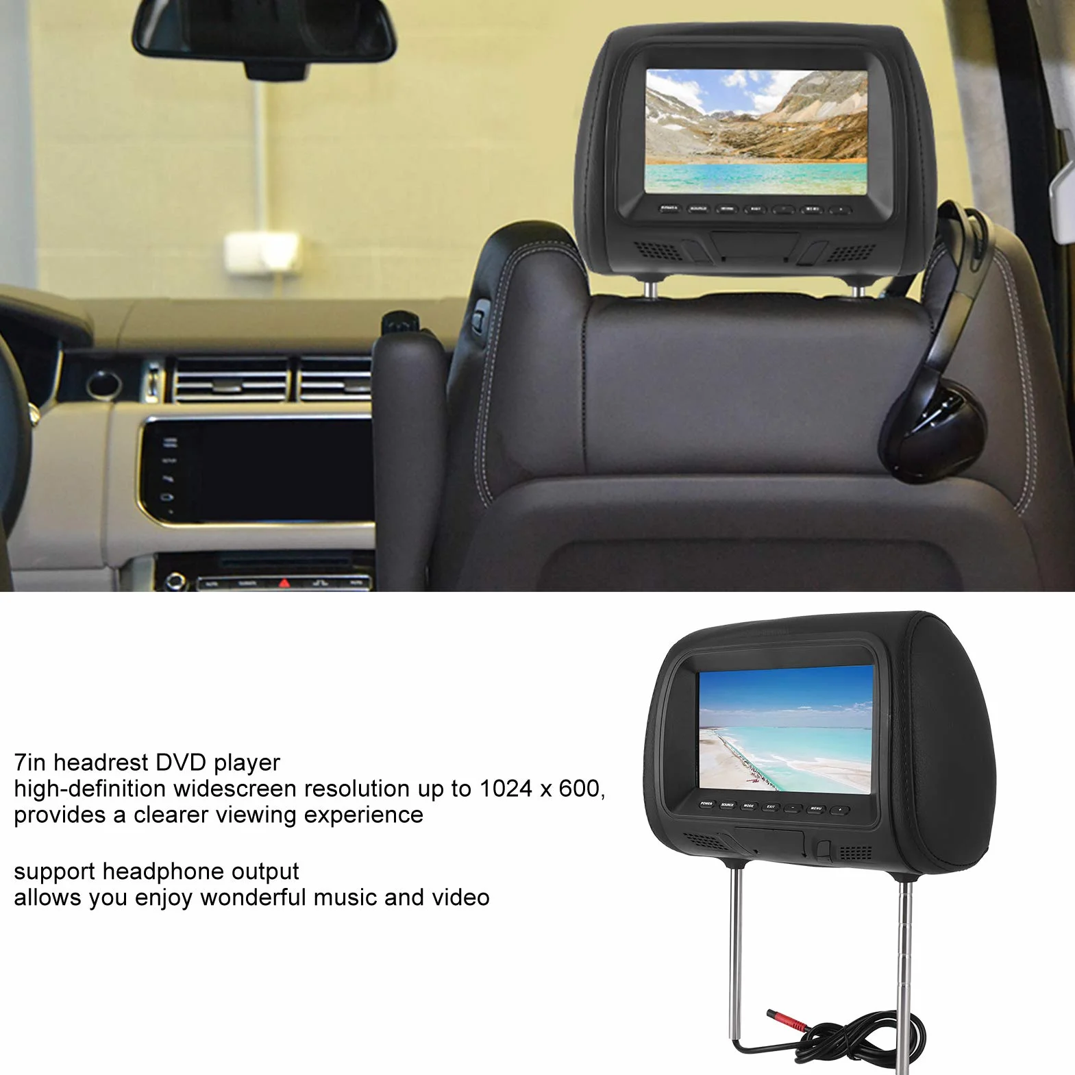 Odtwarzacz DVD z Zagłówkiem Samochodowym, 7-calowy Odtwarzacz Wideo HD 1080P HD Obsługa Wzmacniacza Bluetooth i USB, Wielofunkcyjny Monitor Samochodowy z Zagłówkiem, dla Dzieci, Wideo, Gry