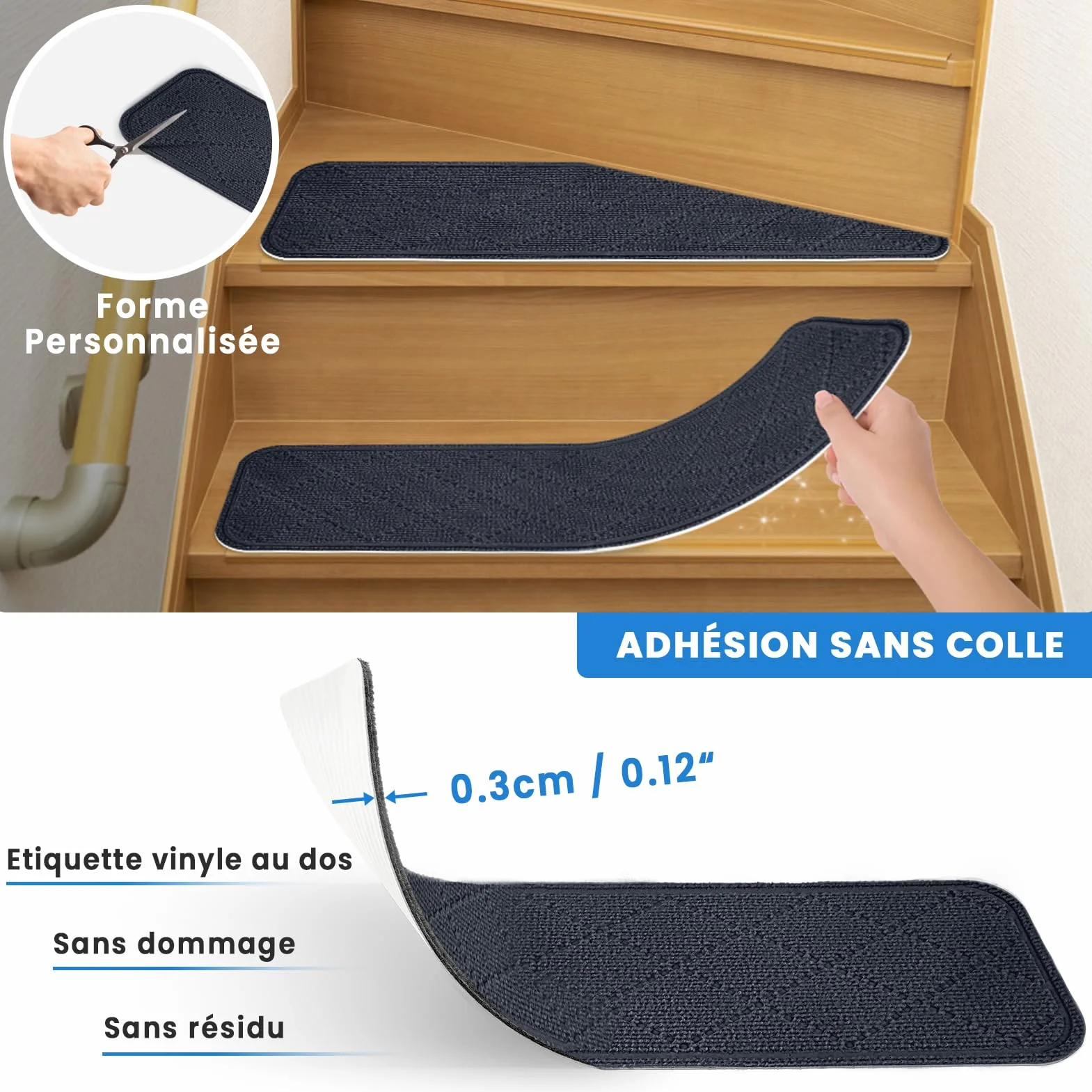 Tapis d'Escalier Antidérapant 76x20cm, Lot de 15 Marchettes Autocollantes Intérieur, Moquette Escalier Réutilisable (Gris Foncé)