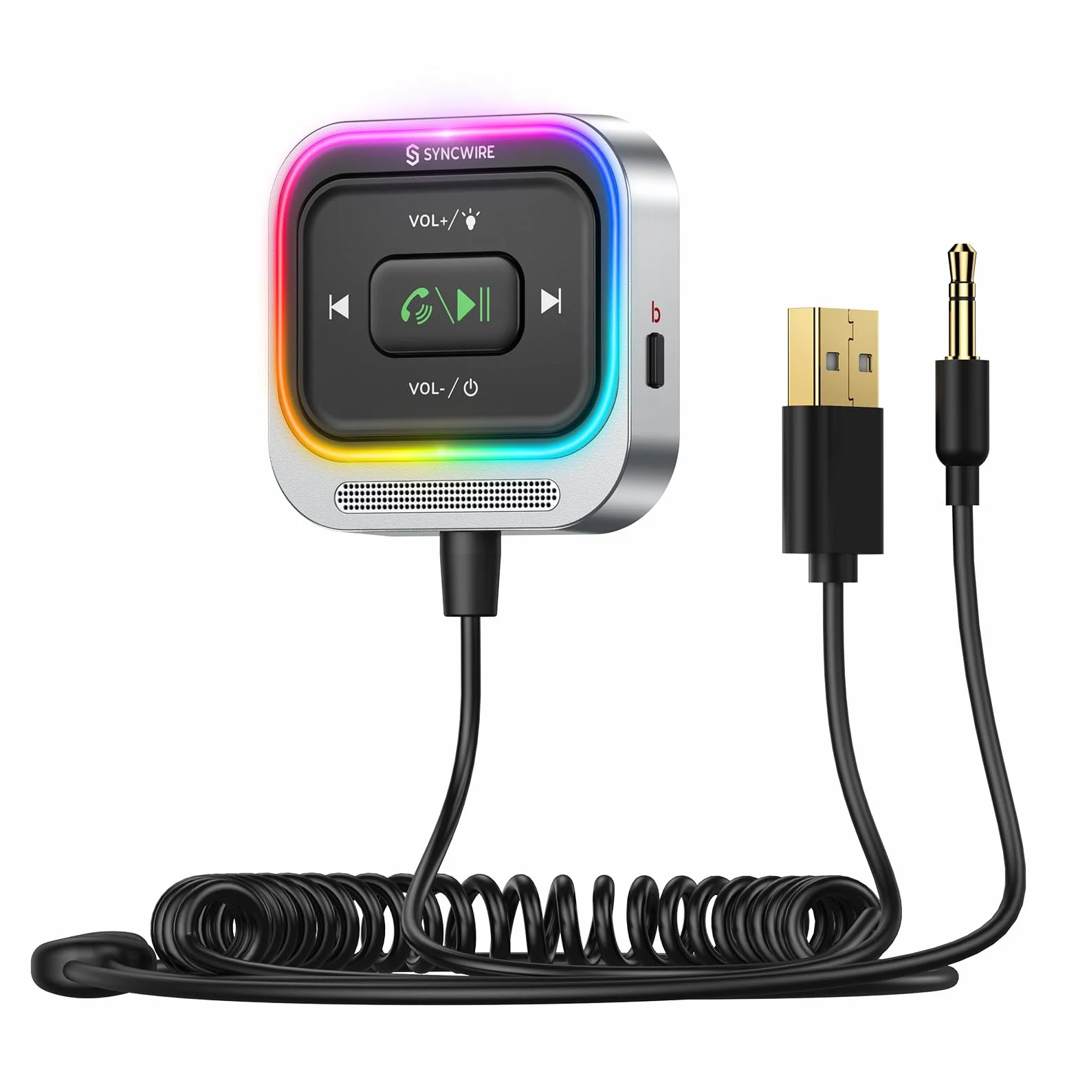 Syncwire Adapter samochodowy Bluetooth 5.4 Duży mikrofon Aux 3.5mm Jack Zestaw odbiornika Bluetooth nawijany kabel Głęboki bas HiFi Kolorowe światło
