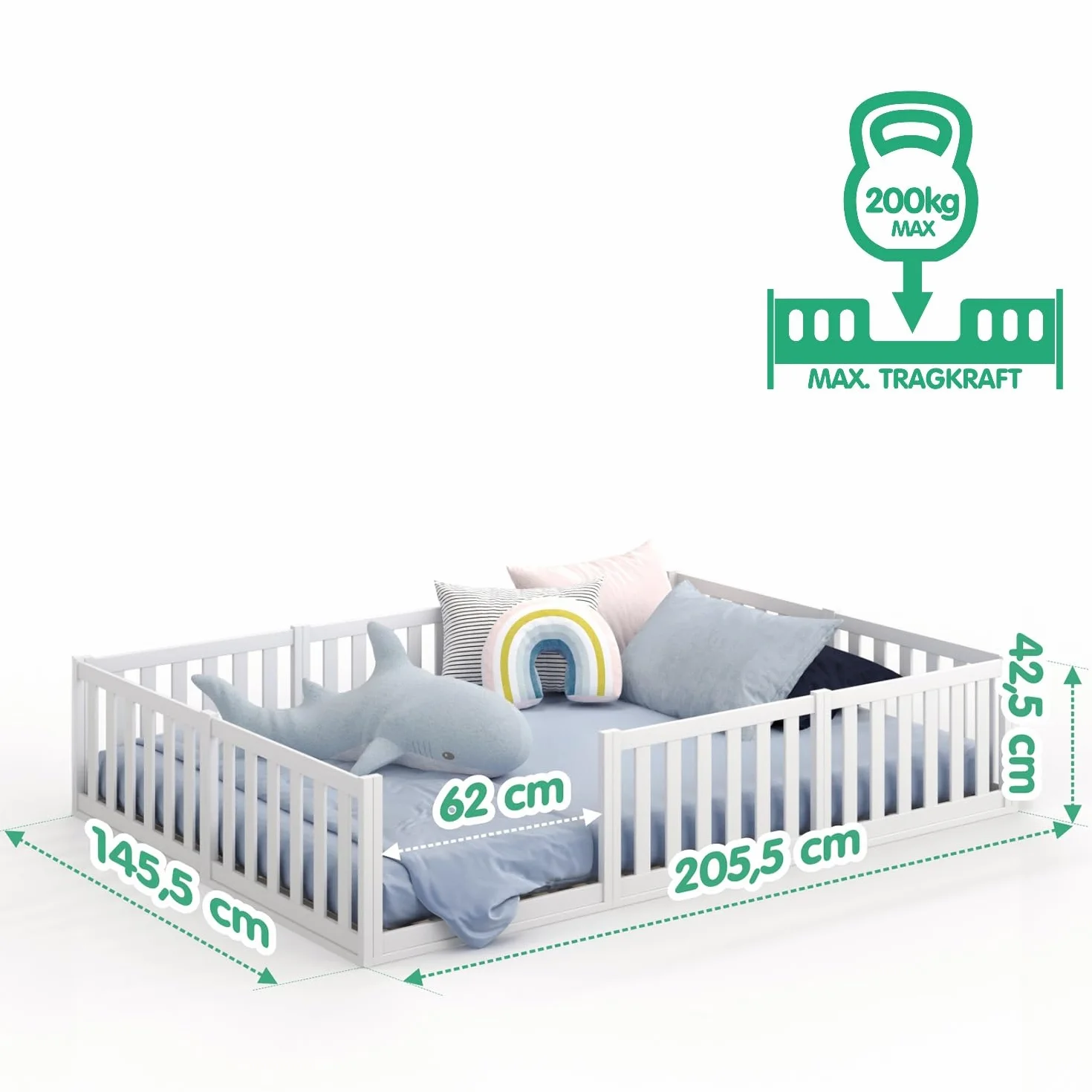 CADANI Lit Montessori TESO 140x200 – Charge 200 kg, entrée modulable, sommier Enroulable, lit-Familial Blanc