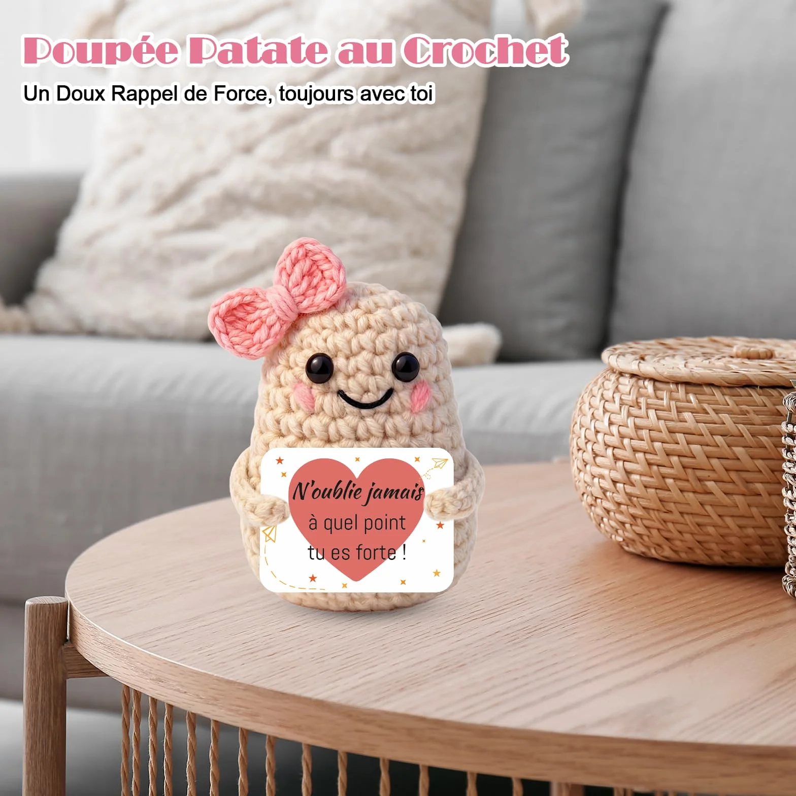 Peluche Patate Tricotée Française avec Porte Clés et Carte, Cadeau Original pour Femme Homme