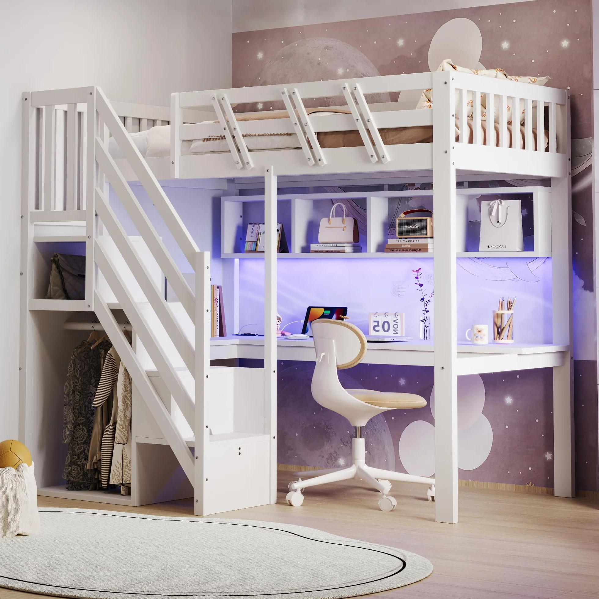 Merax Lit mezzanine 90 x 200 cm, cadre en bois massif, avec bureau, éclairage LED et prise USB, lit pour enfant/adolescent, avec espace de rangement, lit simple, peu encombrant, blanc (sans matelas)