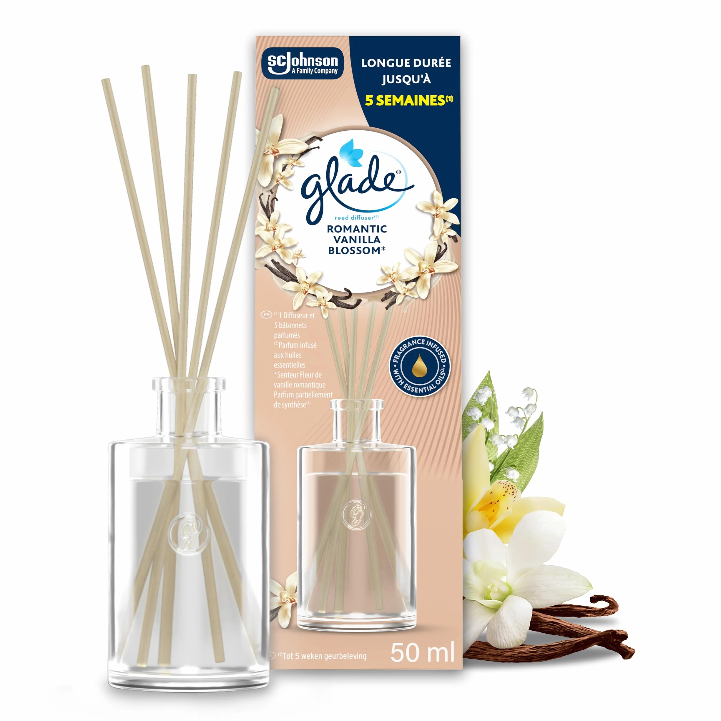Glade Bâtonnets Diffuseur de Parfum aux Huiles Essentielles Romantic Vanilla Blossom 3x50ml