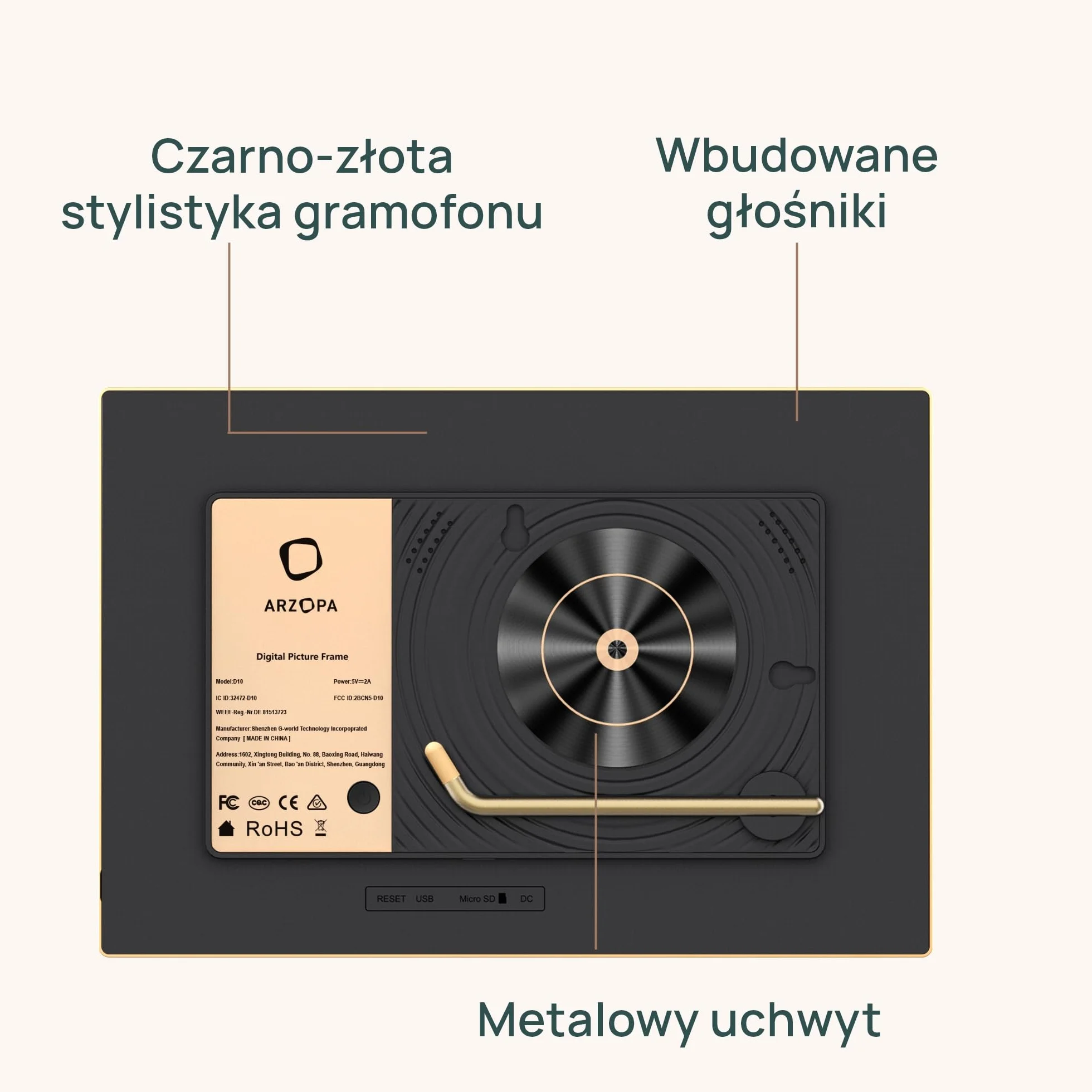 ARZOPA Cyfrowa Ramka na Zdjęcia WiFi 10,1" Nielimitowana Chmura Metalowa Ramka Cyfrowa HD IPS Ekran Dotykowy Bez Abonamentu Udostępniaj Zdjęcia/Filmy Zdalnie bez Limitu Idealny na Prezent - D10 GOLD