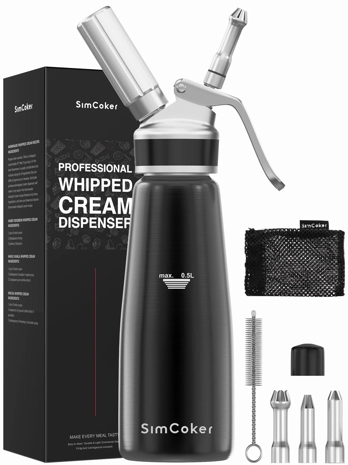 Professionnel Distributeur Crème Fouettée Aluminium 500 ml Siphon Anti-Fuite 3 Embouts Décoration Qualité Alimentaire
