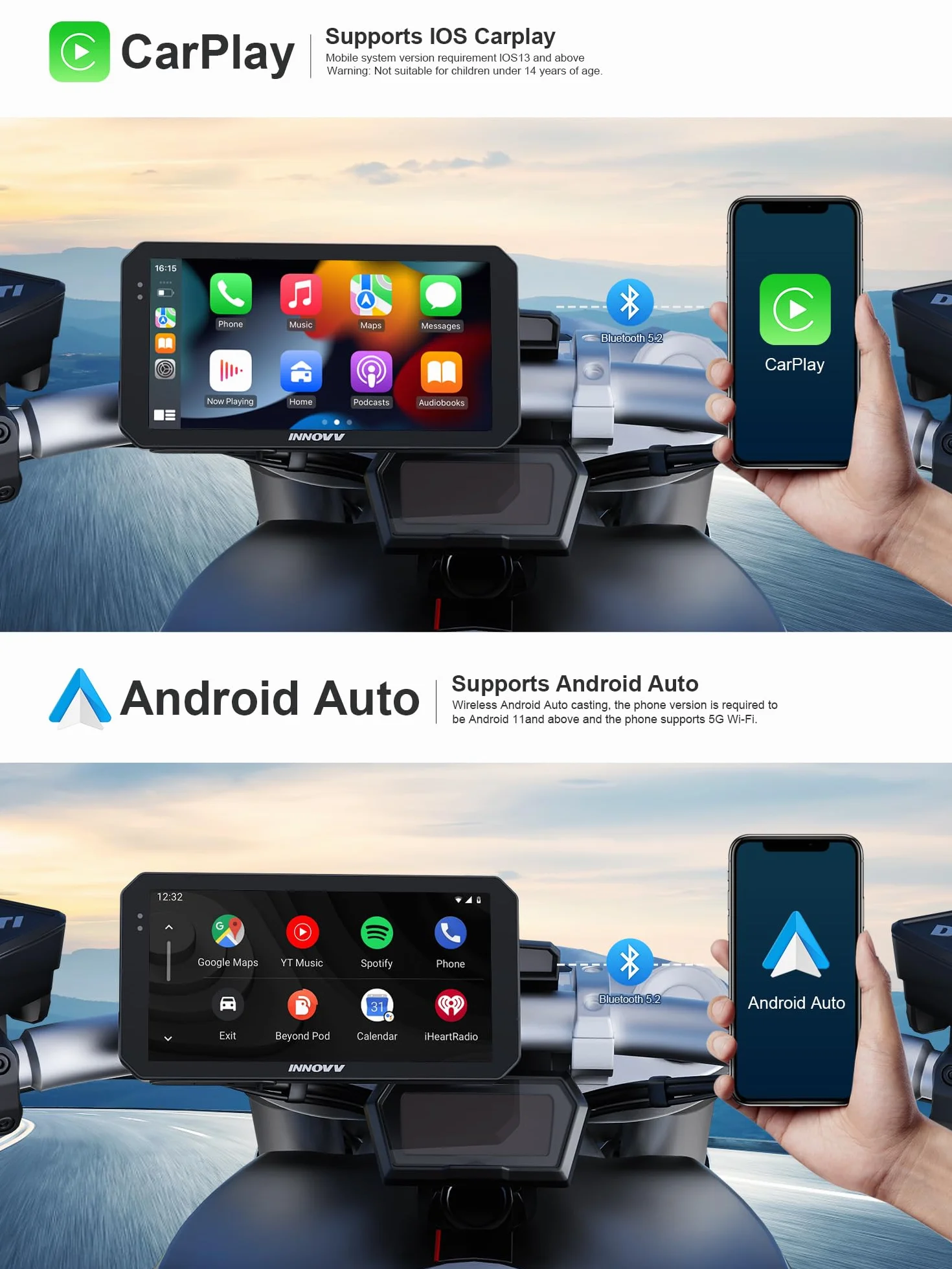 INNOVV N2 Motocyklowa kamera samochodowa Carplay, ekran dotykowy 15.2 cm, obsługa systemu Android Auto i iOS, przednia i tylna kamera 2K + 2K z nawigacją GPS, tryb parkowania, muzyka, Wi-Fi 5,8 G