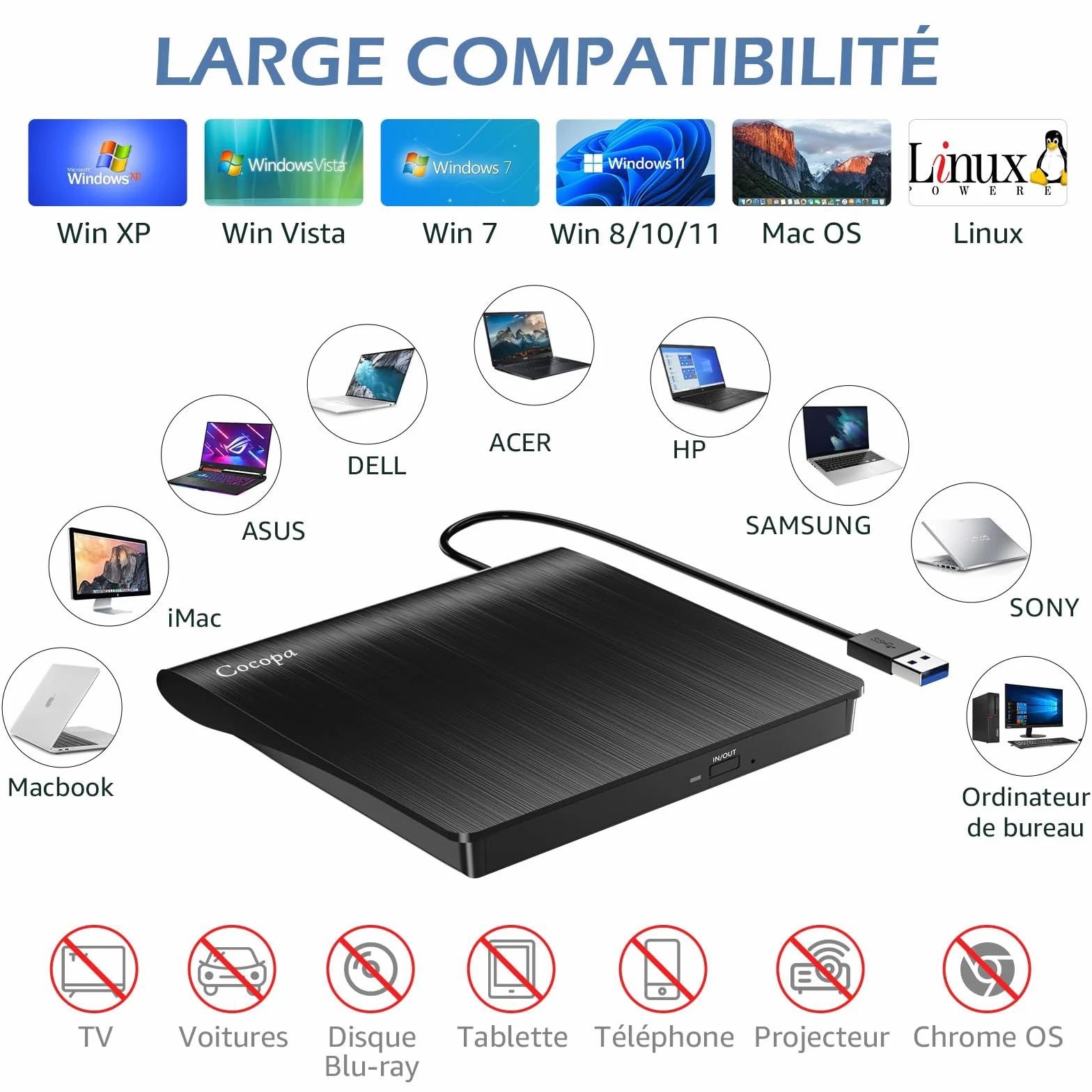 Cocopa Lecteur CD/DVD Externe USB 3.0 Graveur Enregistreur Portable Mince pour PC Mac