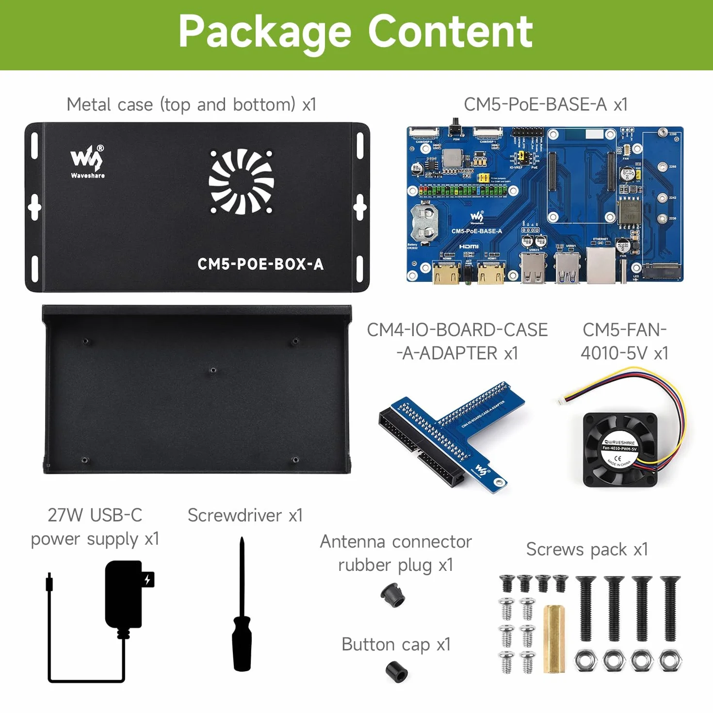 Waveshare Compute Module 5 IO Board, Compatible with All Variants of Raspberry Pi CM5, with PoE Feature, Bundle with PoE Base Board + Case + Power Supply Adapter
