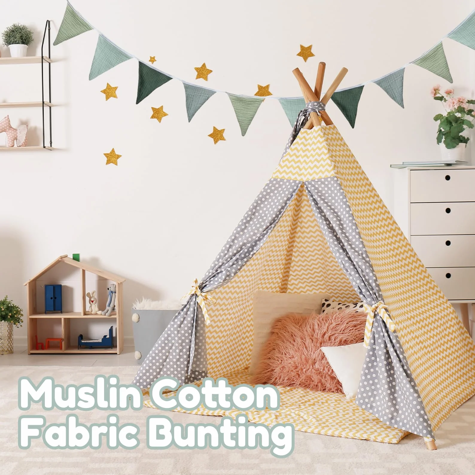 Guirlande de Fanions Vert Clair en Coton pour Chambre d'Enfant, Lit Bébé Garçon
