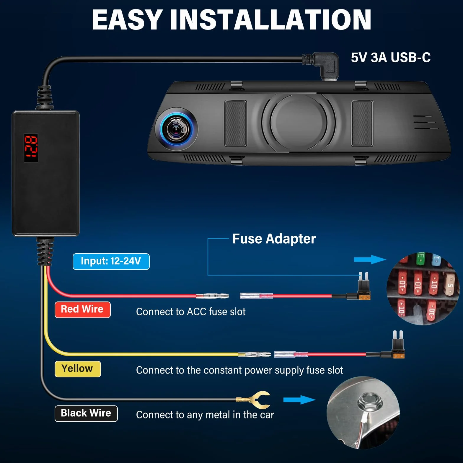 Zestaw okablowania kamery Dash Cam, zestaw mini USB Hardwire 12V-24V w 5V, z ochroną niskiego napięcia do kamery rozdzielczej, kablem zasilającym