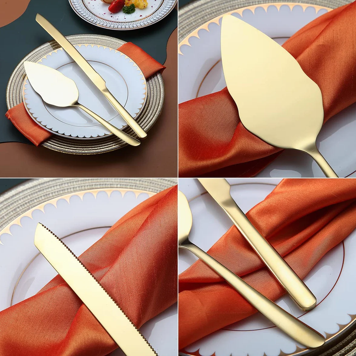 Ensemble De Coupe De Gâteau En Acier Inoxydable Pour Mariage, Or Brillant