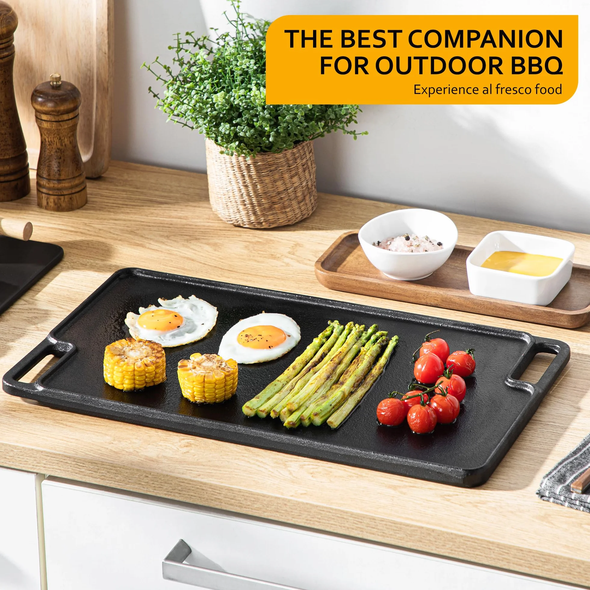 Velaze Plaque à Steak en Fonte, Plaque de Cuisson Barbecue en Fonte pour la Viande et Steak,Poêle Deux Côtés Utilisables de, Convient Induction, Grille Électrique, Gaz ou Charbon - 45.5cm x 26cm