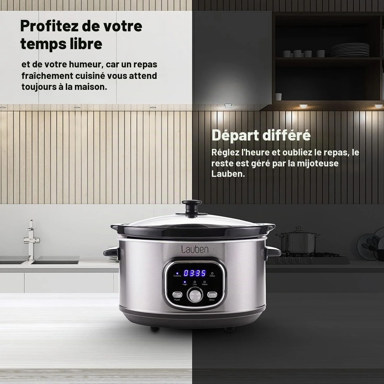 Lauben Mijoteuse 3500SB avec technologie Thermeffect®, technologie SlowHeat®, livre de cuisine, récipient intérieur en céramique, deux niveaux de température, réglage manuel de l'heure, 3,5 l