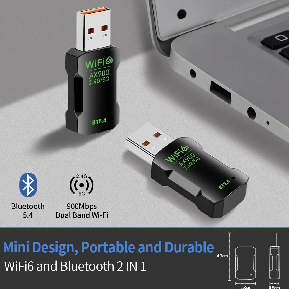 Adapter WiFi 6 Bluetooth 5.4 USB 2 w 1, WiFi i Bluetooth dwuzakresowy 2.4/5GHZ ax900Mbps do PC/laptopa/komputera stacjonarnego, mini USB bez sterownika, obsługuje Windows 10/11