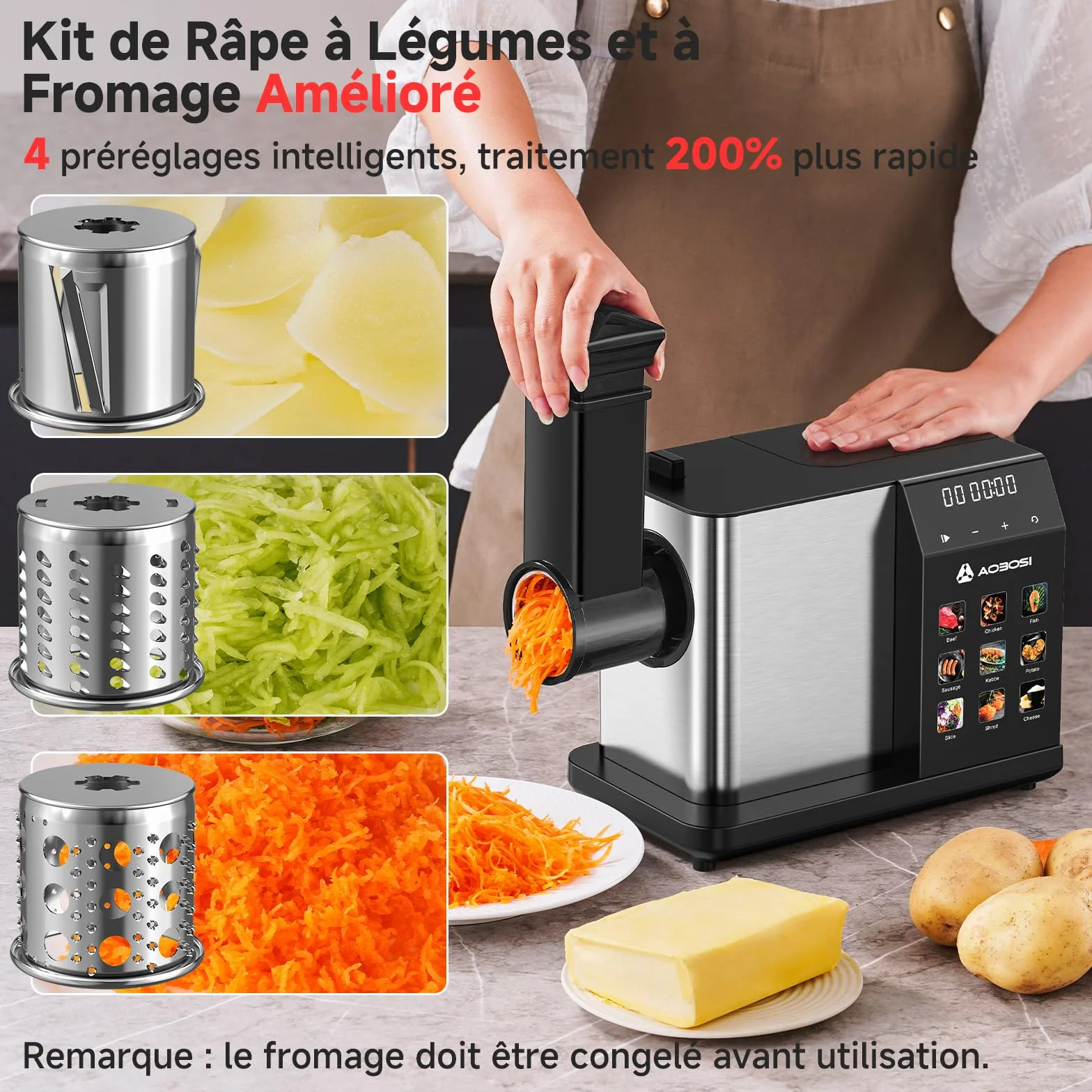 AAOBOSI Hachoir À Viande Électrique [3000W Max] - Avec Écran LED & 9 Réglages de Vitesse - Récipient de Stockage Intégré - Accessoires à Trancher, Saucisses et Kibbe Inclus - Pour Usage Domestique