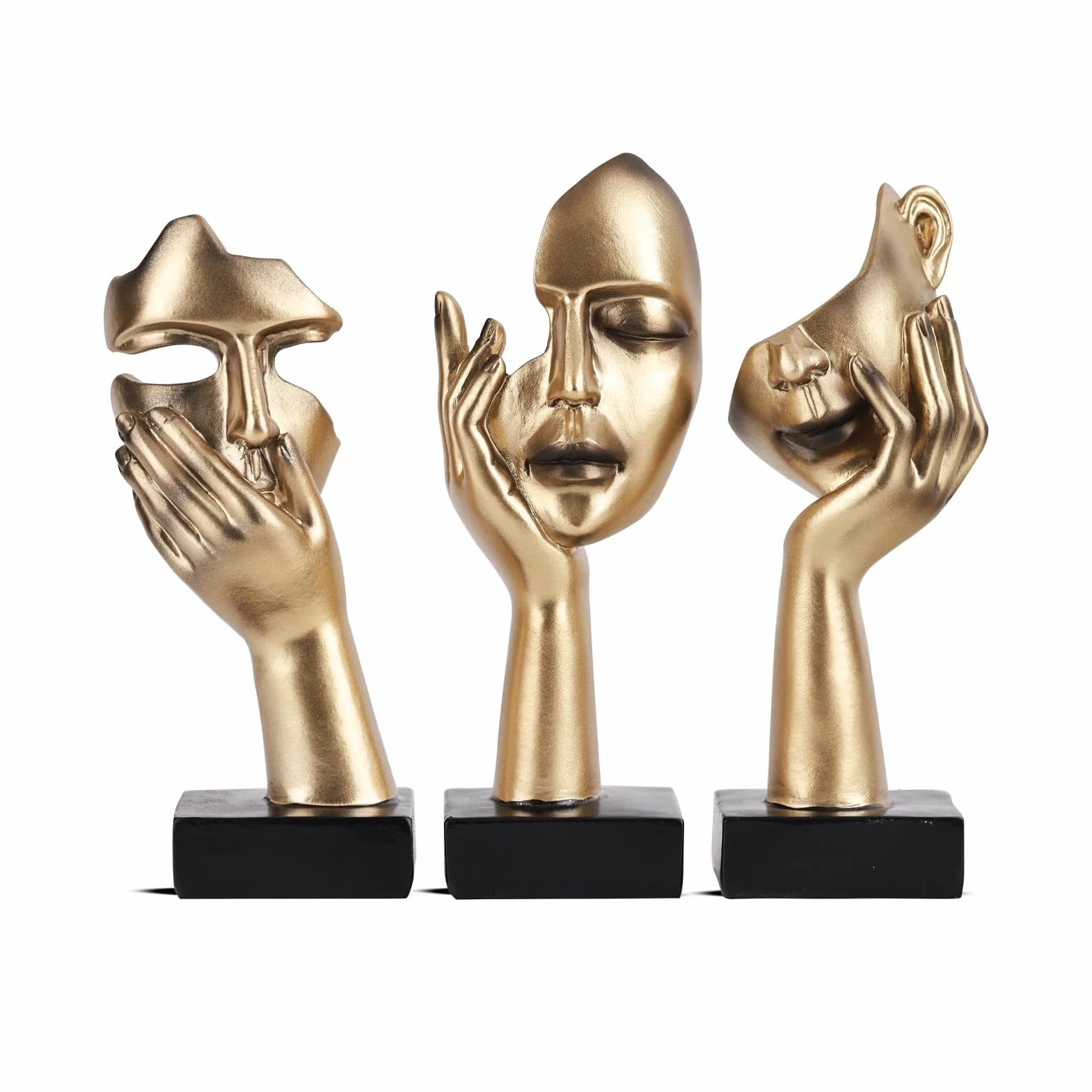 Lot de 3 Statues de Penseur, Sculpture Abstraite Dorée et Noire, Décoration Bureau, Cadeau Noël Nouvel An