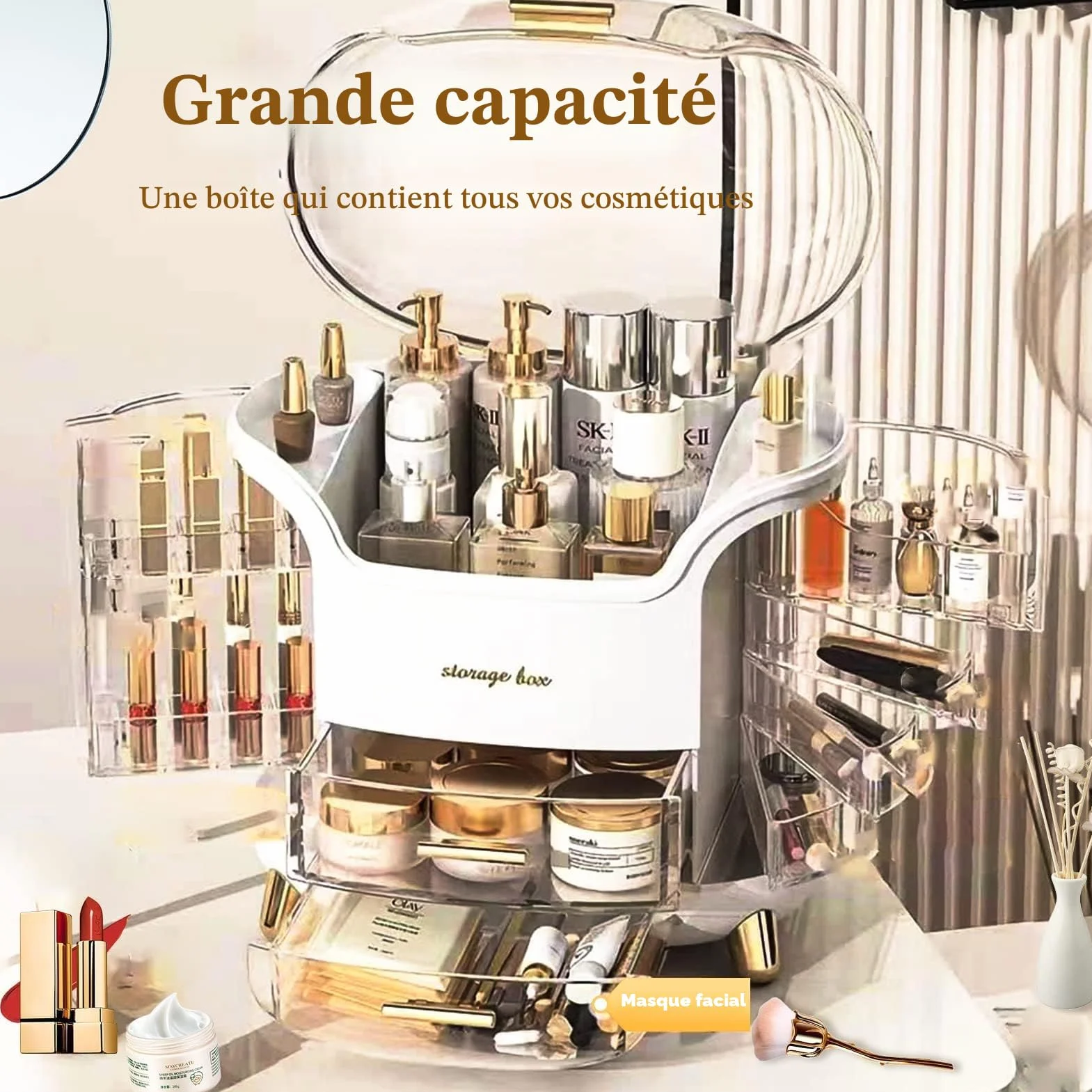 Rangement Maquillage Organisateur Boite de Rangement Skincare Couvercle Maquillage Transparente Makeup Organizer avec Tiroir Grande Capacité Anti Poussiere