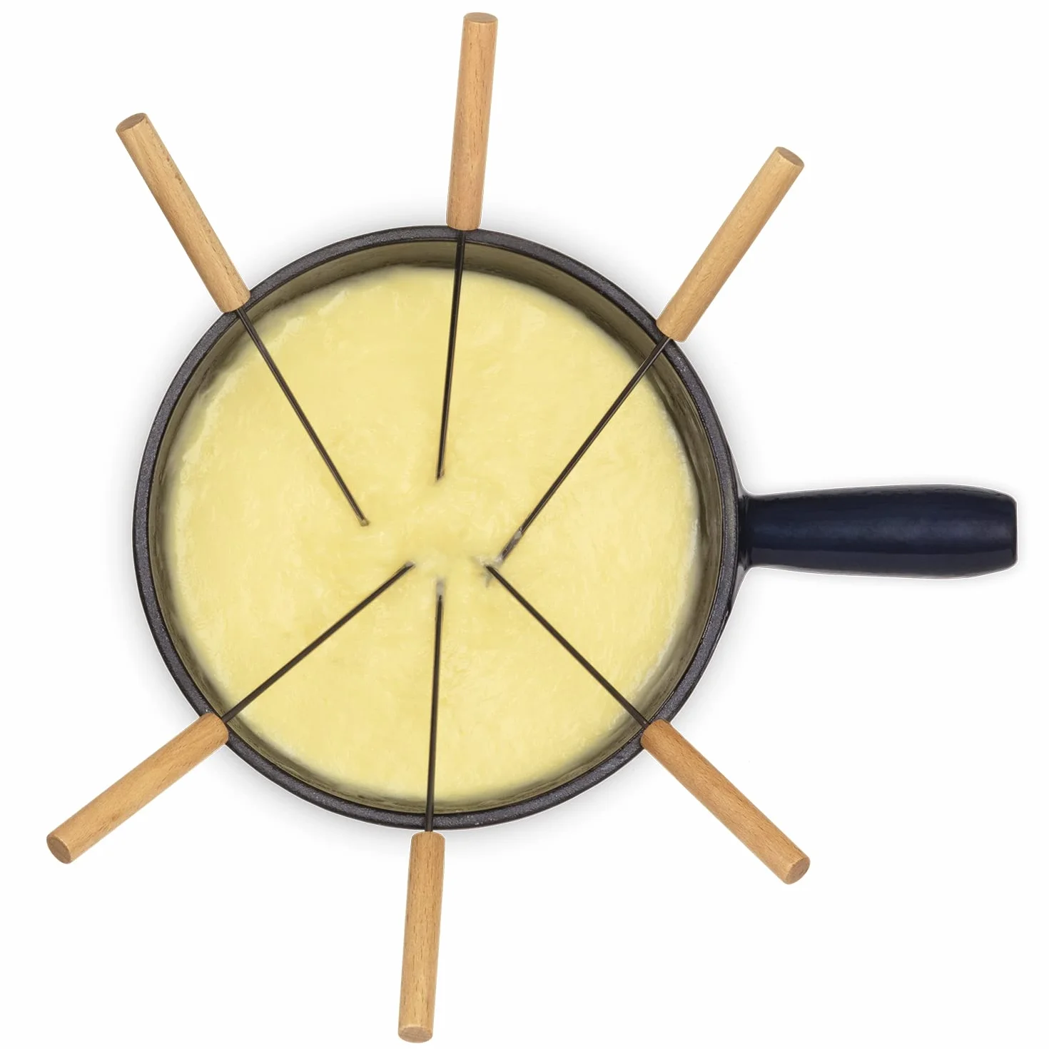 Service à Fondue Savoyarde en Fonte 6 Personnes MONT JOUX, Fondues fromage et chocolat, 6 Fourchettes avec manches en bois de hêtre, Socle en bois naturel, Capacité 1,8L