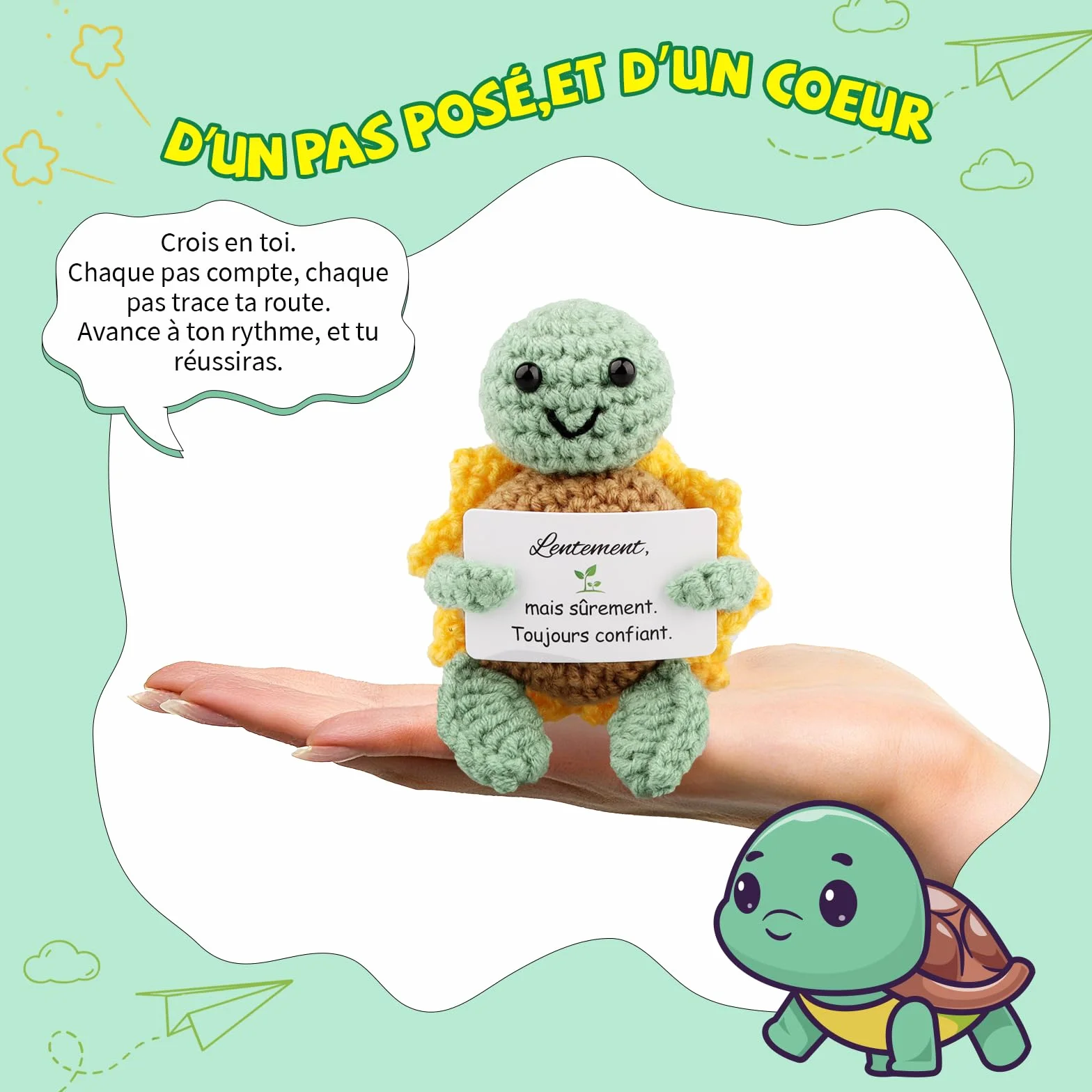 Tortue Positive Poupée Tortue en Français au Crochet avec Porte Clés et Carte Cadeau Femme Original