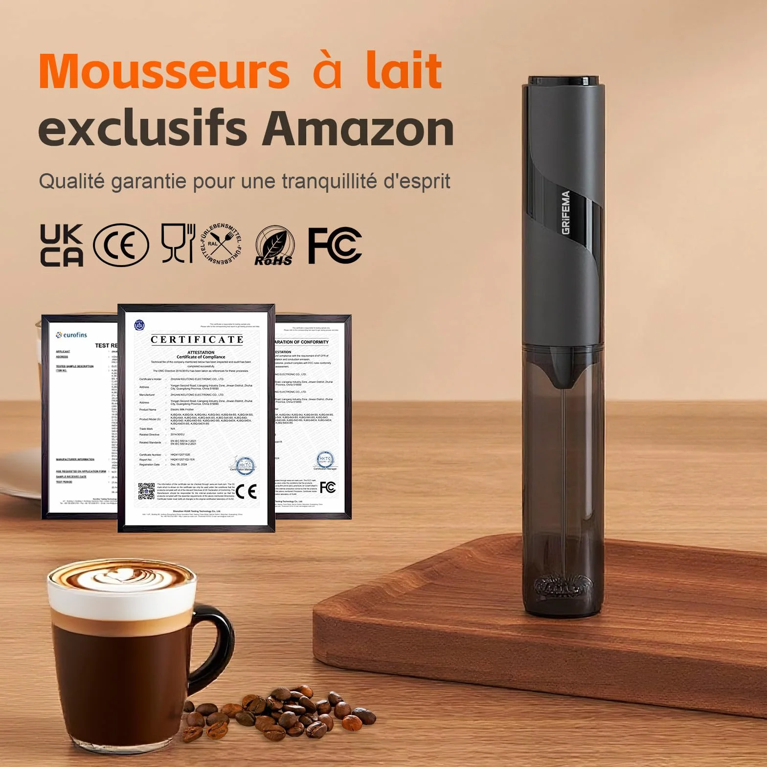 Mousseur à Lait Électrique 13 000 tr/min, Fouet Mini sans BPA, Piles, GRIFEMA