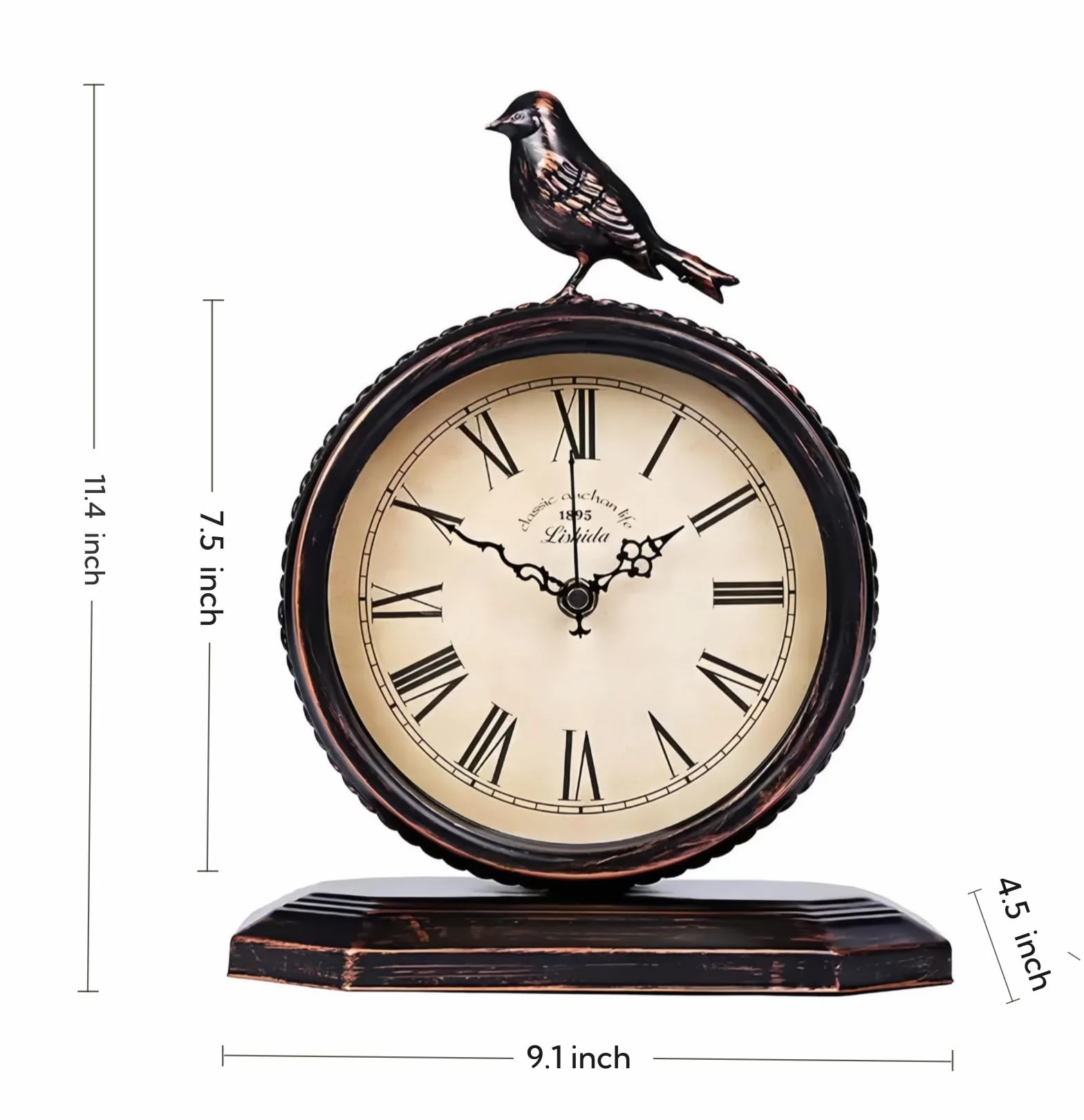 Horloge de Cheminée Antique 20,3 cm Métal Silencieuse Décorative avec Oiseau