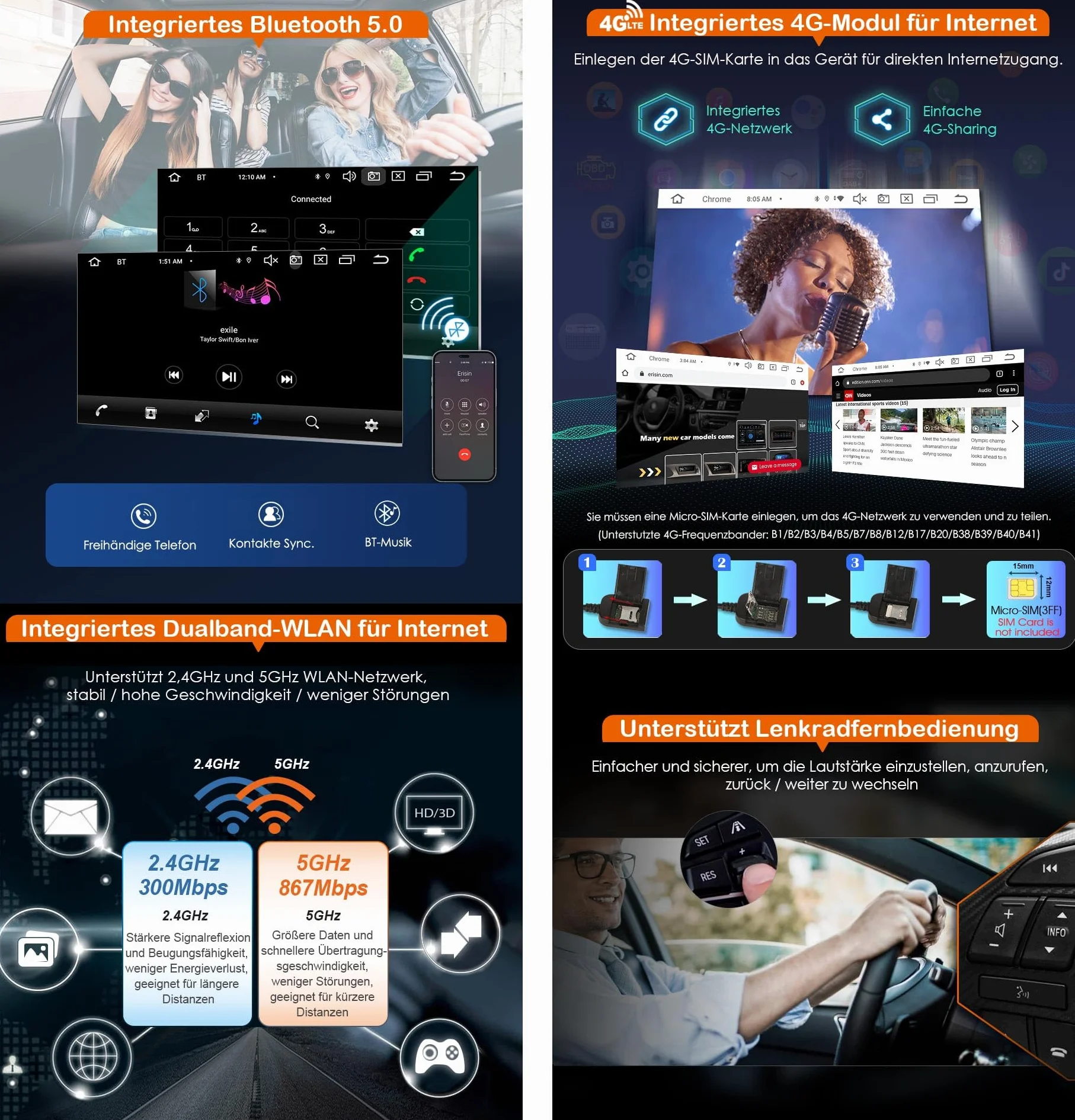 Radio samochodowe Erisin 8-rdzeniowe 4GB+64GB z Androidem 14, 2 Din z nawigacją GPS dla Forda Focus Mondeo S-Max C-Max Galaxy, obsługuje Bluetooth 5.0, CarPlay, Android Auto, DSP, WiFi, DAB+ RDS, SWC