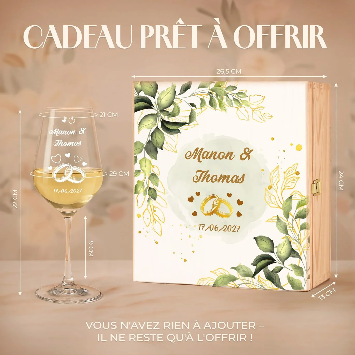 Maverton Cadeau Mariage Personnalisé - 2 Verres à Vin 490 ml avec Gravure pour Elle et Lui et Coffret en Bois - Cadeau Personnalisé pour Couples - Noel - Verre Couple Jeunes Mariés