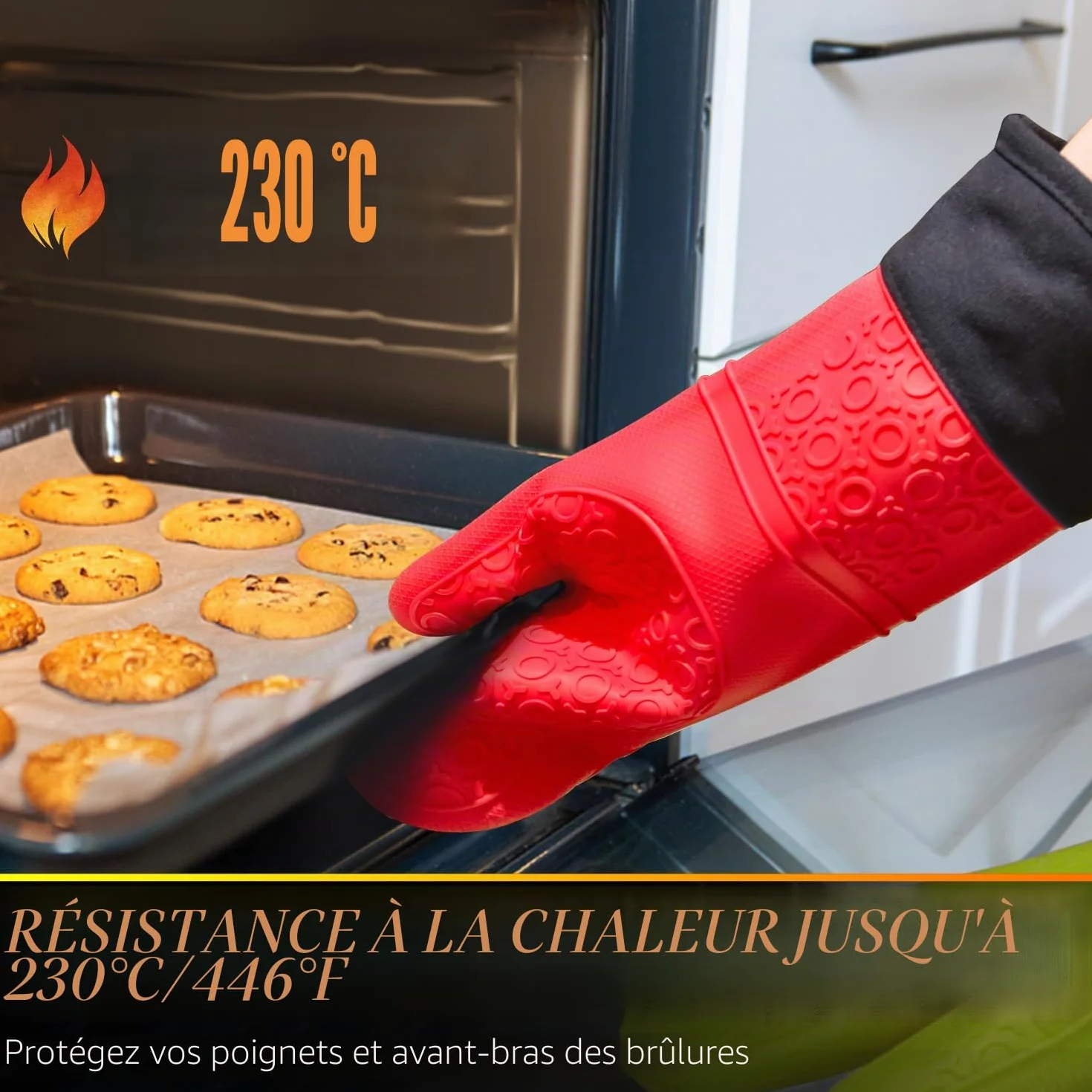 Sopito Gants de Four Résistant à la Chaleur Silicone Antidérapant Extra Long 1 Paire Rouge