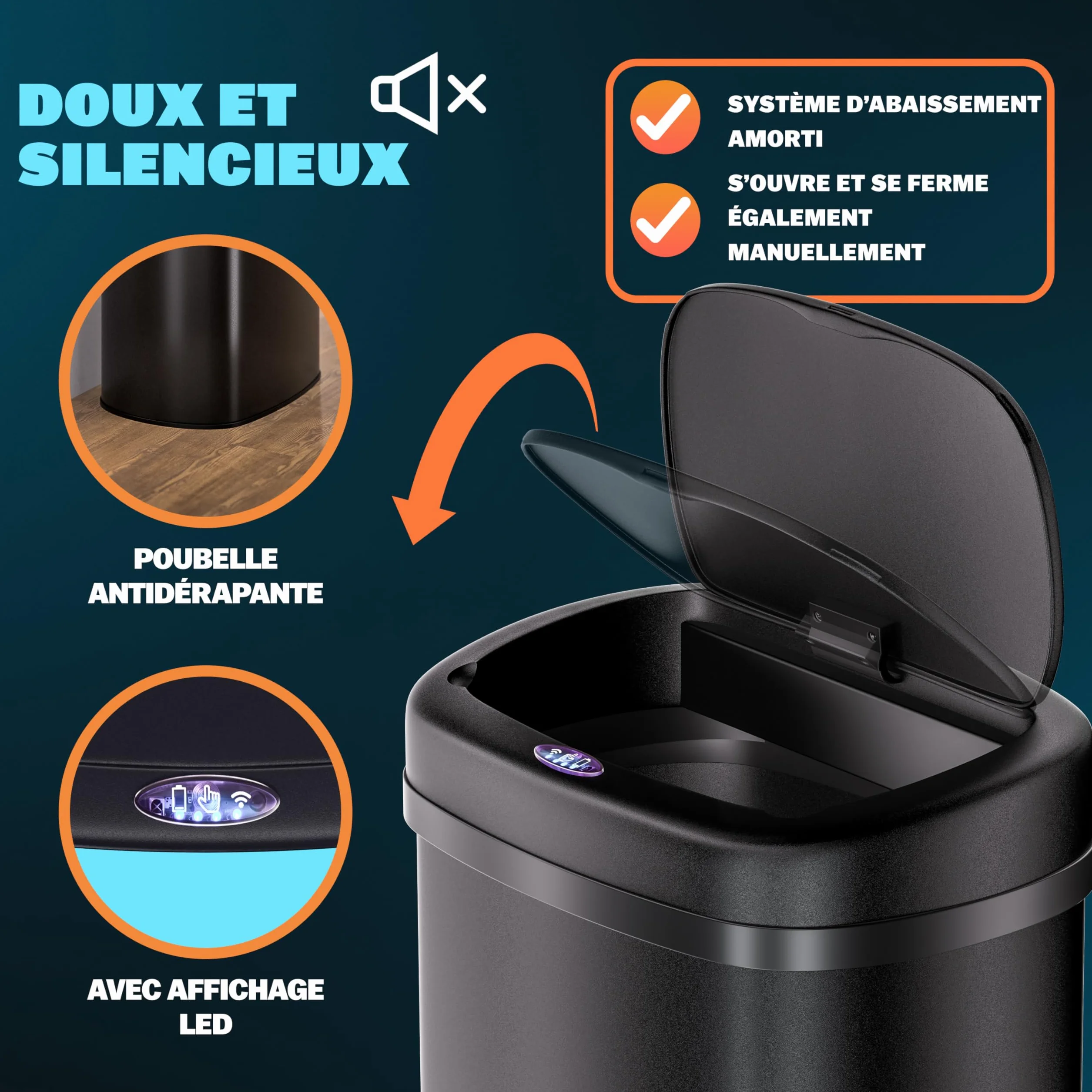 Monzana Poubelle automatique 50L acier inoxydable capteur mouvement noir