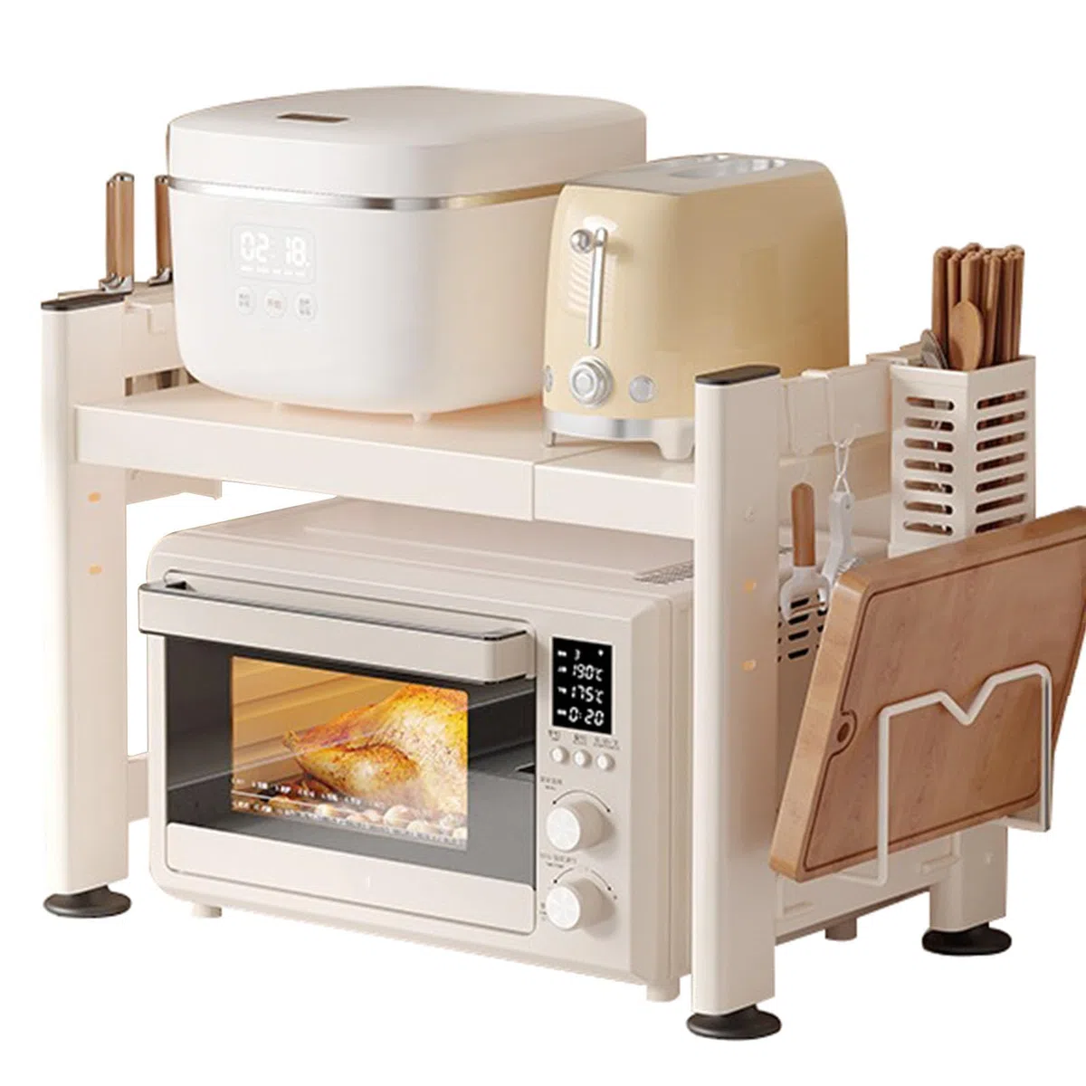 Support réglable à 2 étages avec 6 crochets - Étagère de comptoir de cuisine pour ranger couteaux, baguettes et planche à découper - Extensible - Blanc