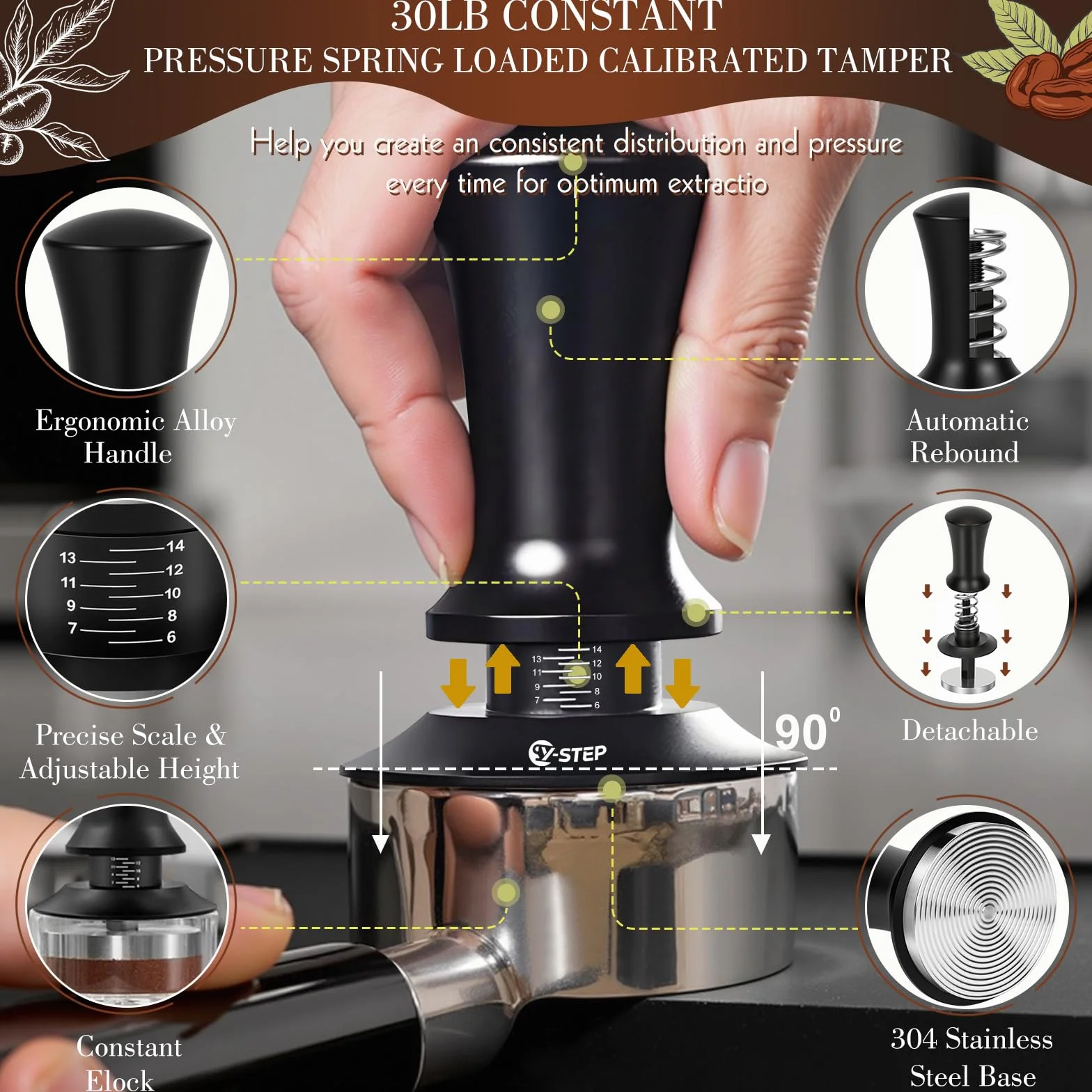 Y-Step Lot de 8 accessoires pour expresso - Tamper à café 51 mm avec station de tamper, Coffee Leveler, outil WDT, bague de dosage, brosse de nettoyage, puck screen, agitateur, pour machine à expresso