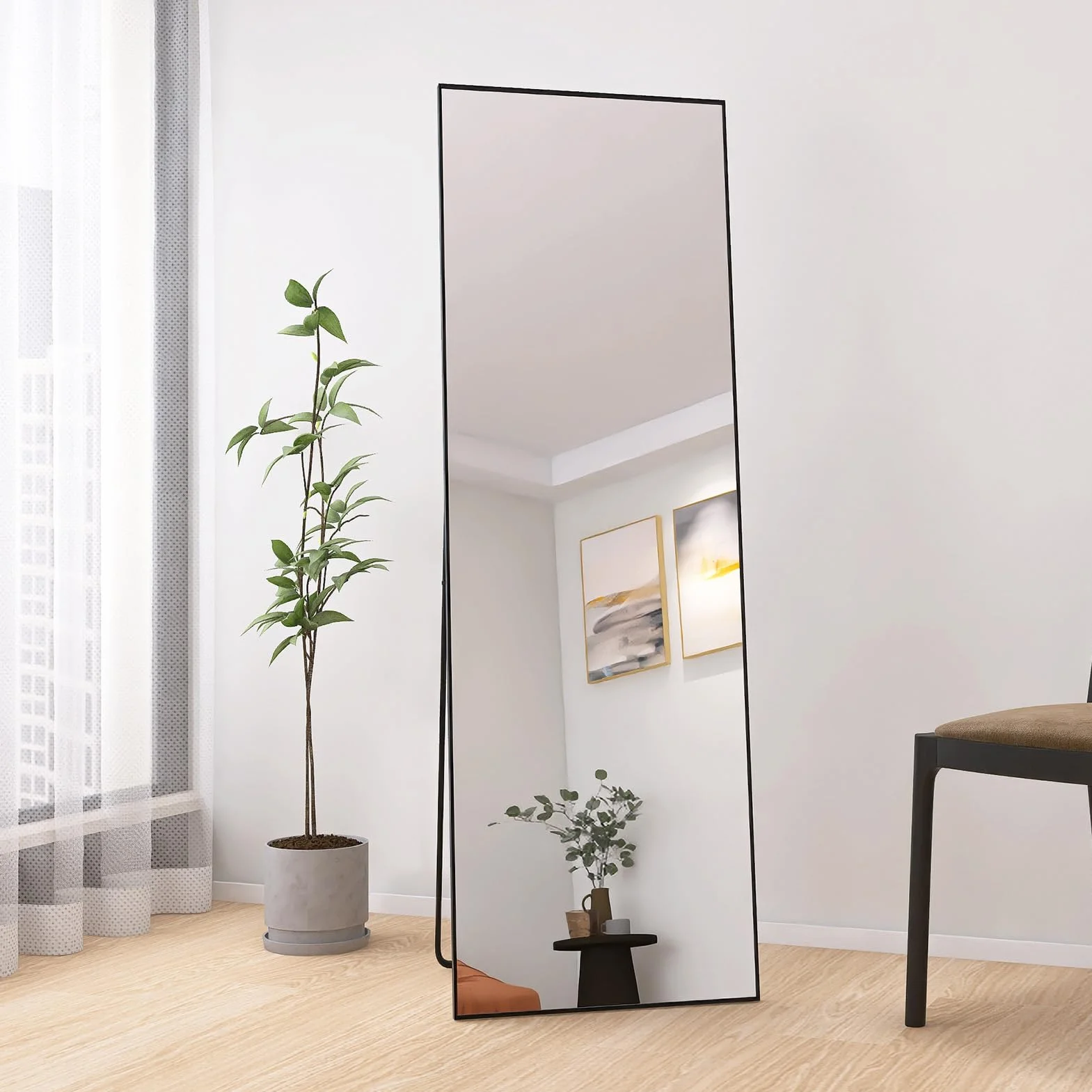 PerGar Grand Miroir Mural Moderne sur Pied, à Poser ou à Suspendre, avec Cadre en Aluminium, pour Salon et Chambre à Coucher, Noir, 165 x 60 cm